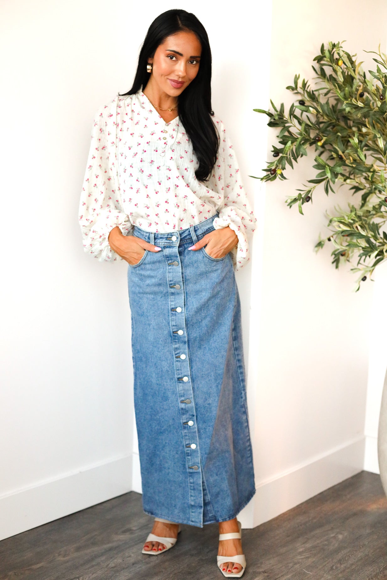 Denim Button Maxi Skirt