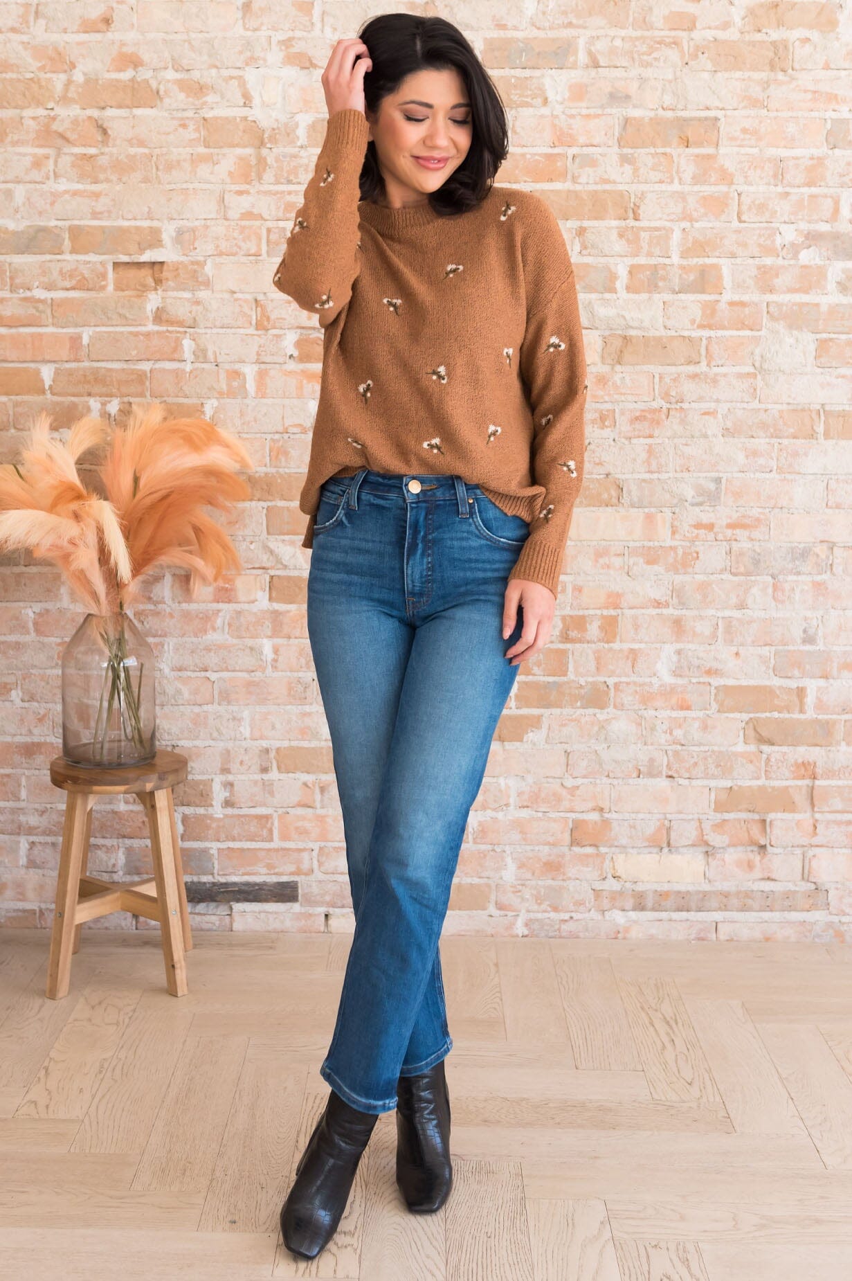 Deserving Praise Embroidery Detail Sweater Tops vendor-unknown