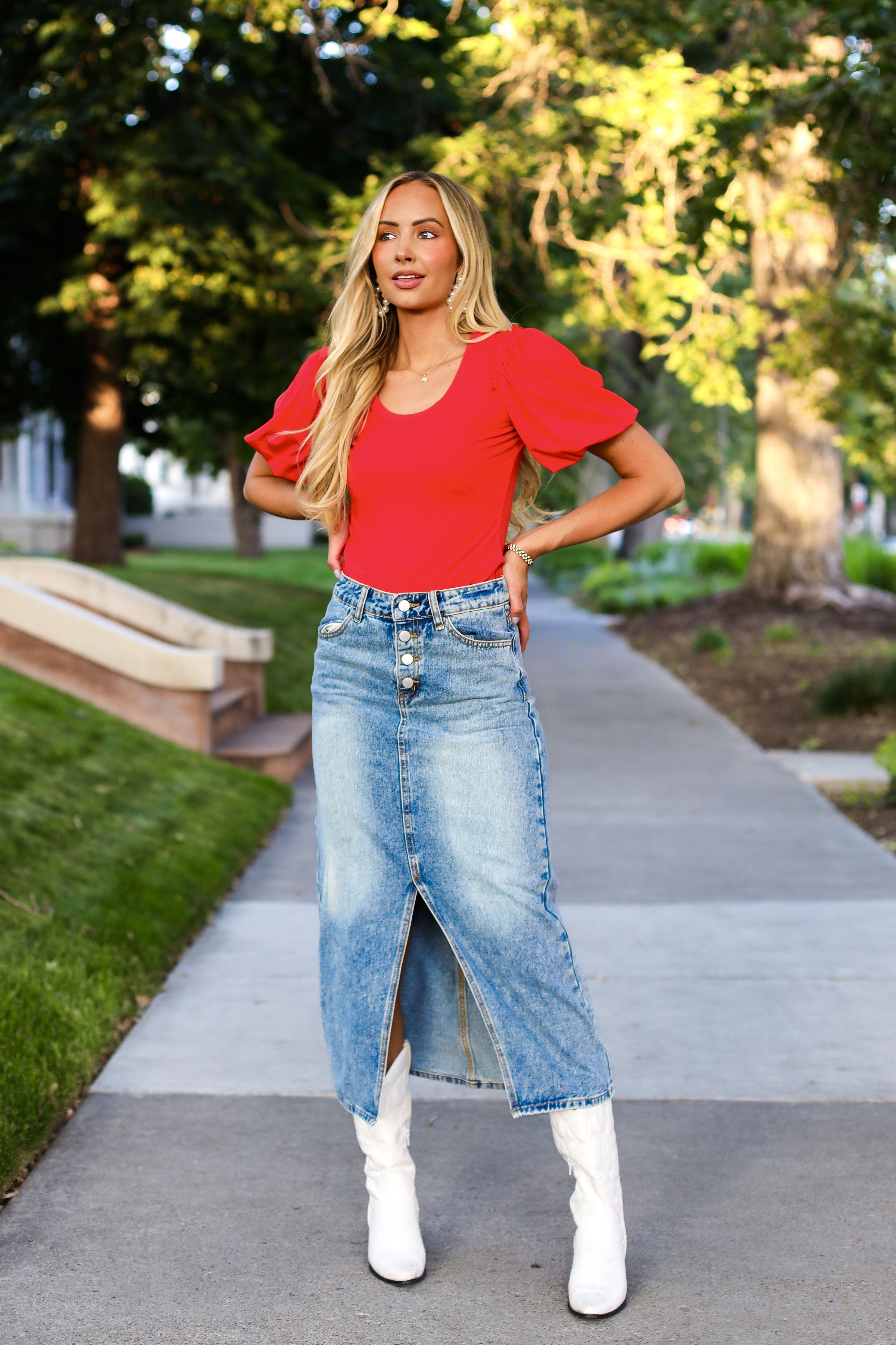 Bright Skies Modest Denim Skirt