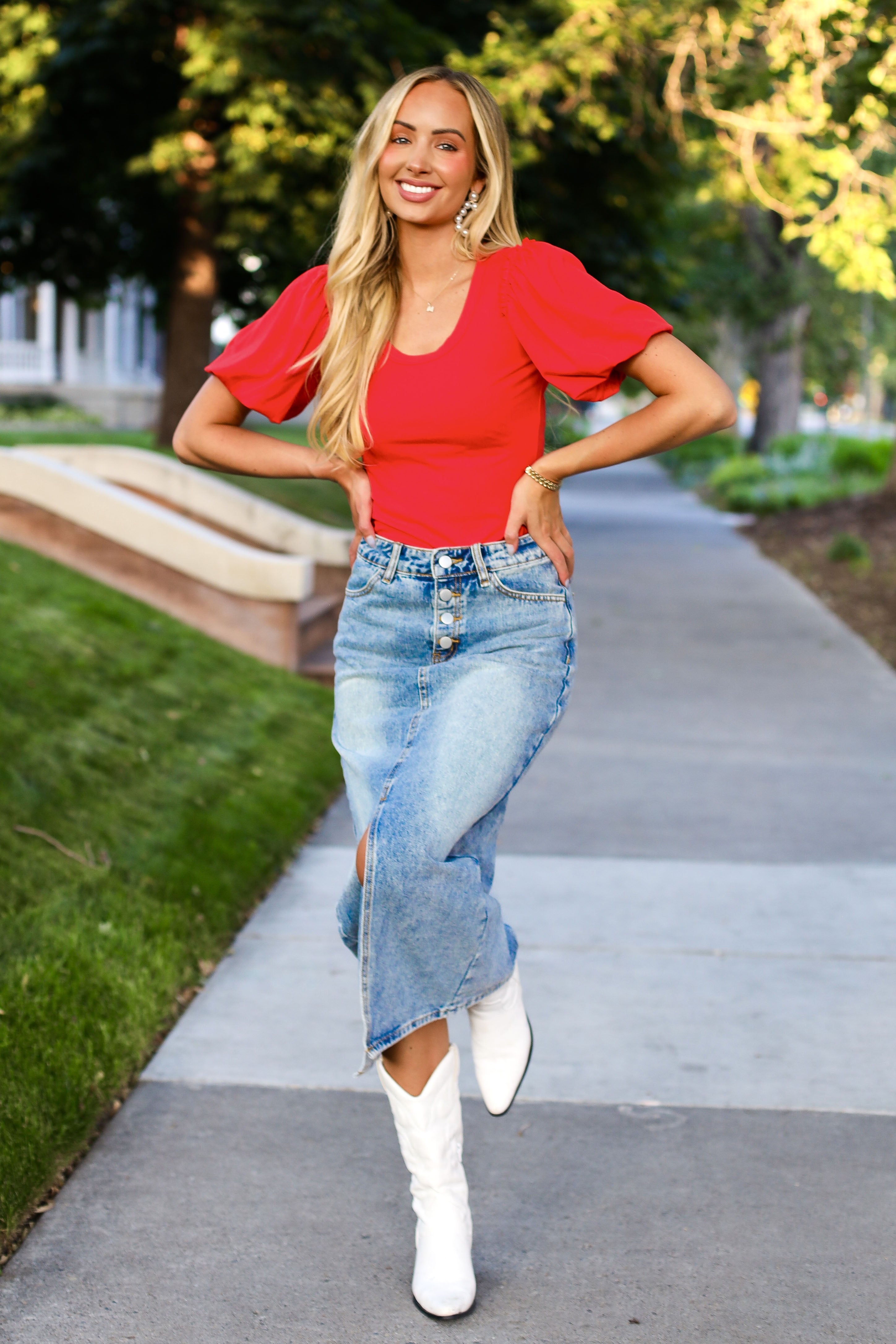 Bright Skies Modest Denim Skirt