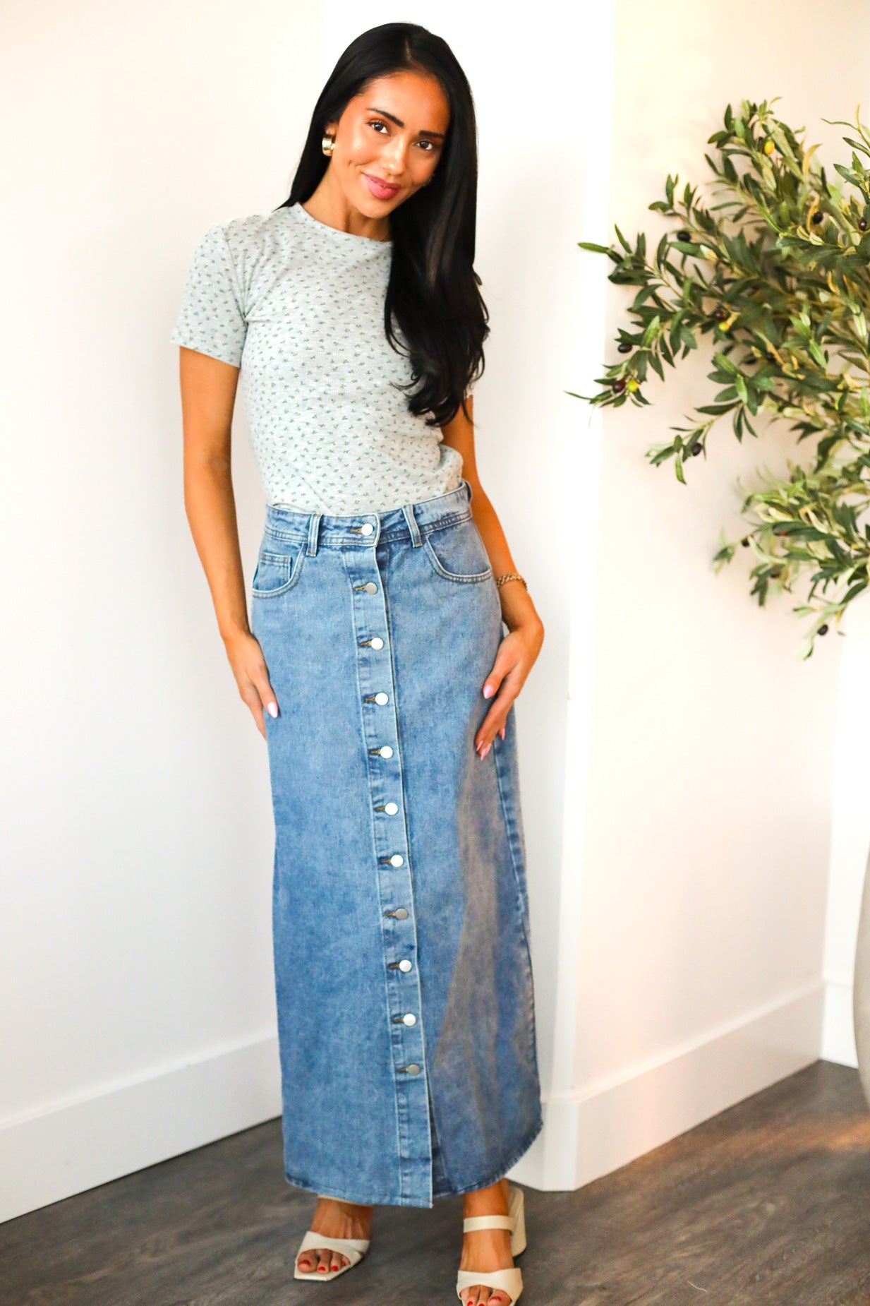 Denim Button Maxi Skirt