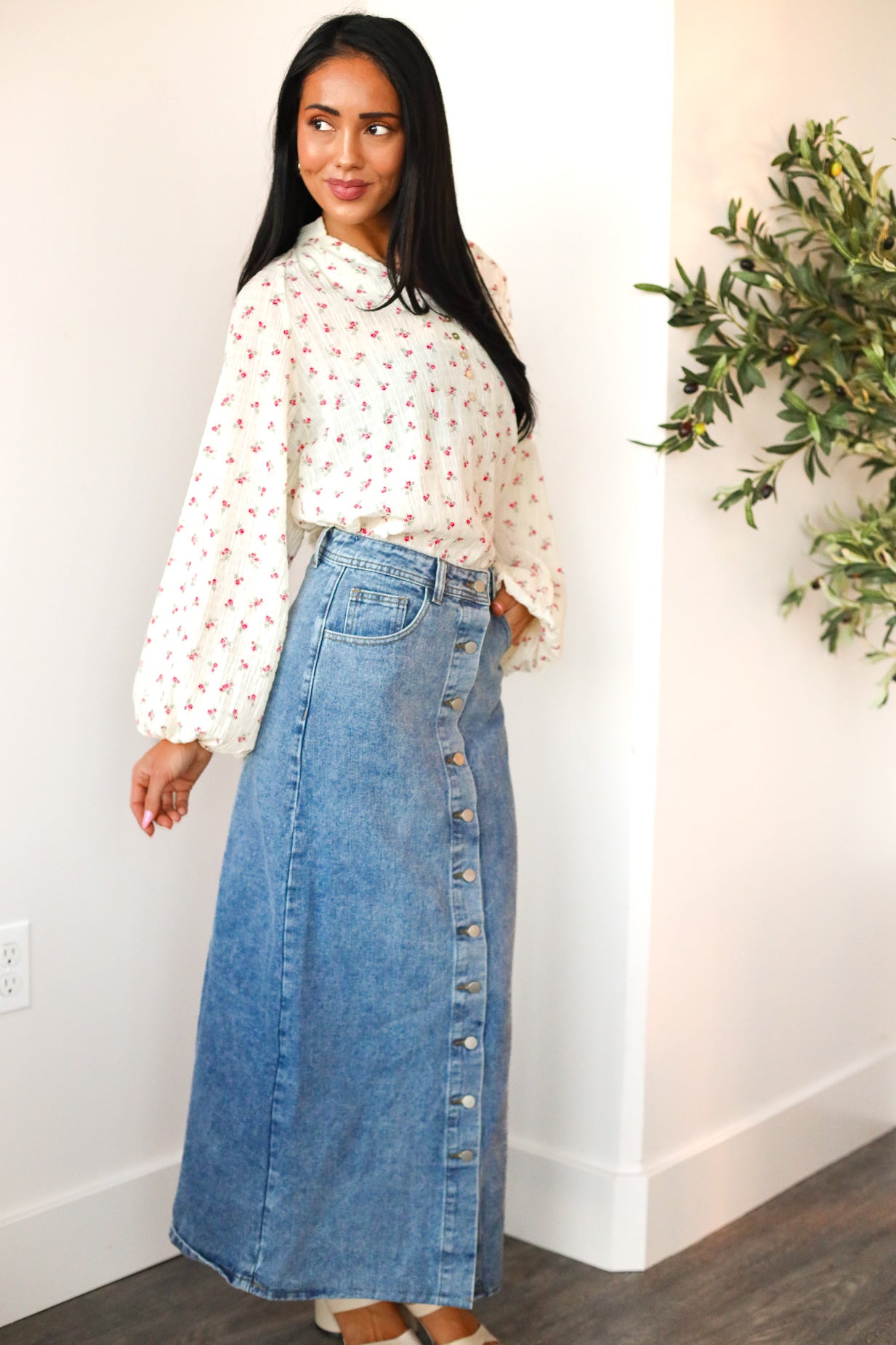 Denim Button Maxi Skirt