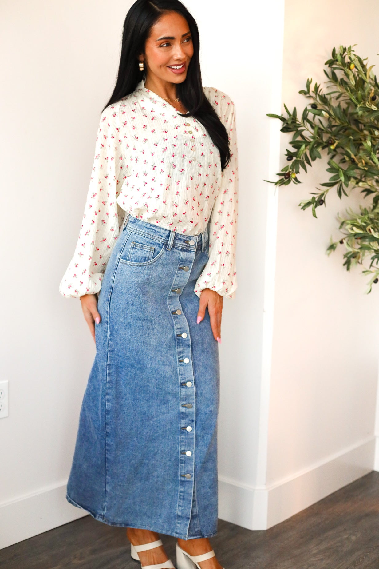 Denim Button Maxi Skirt
