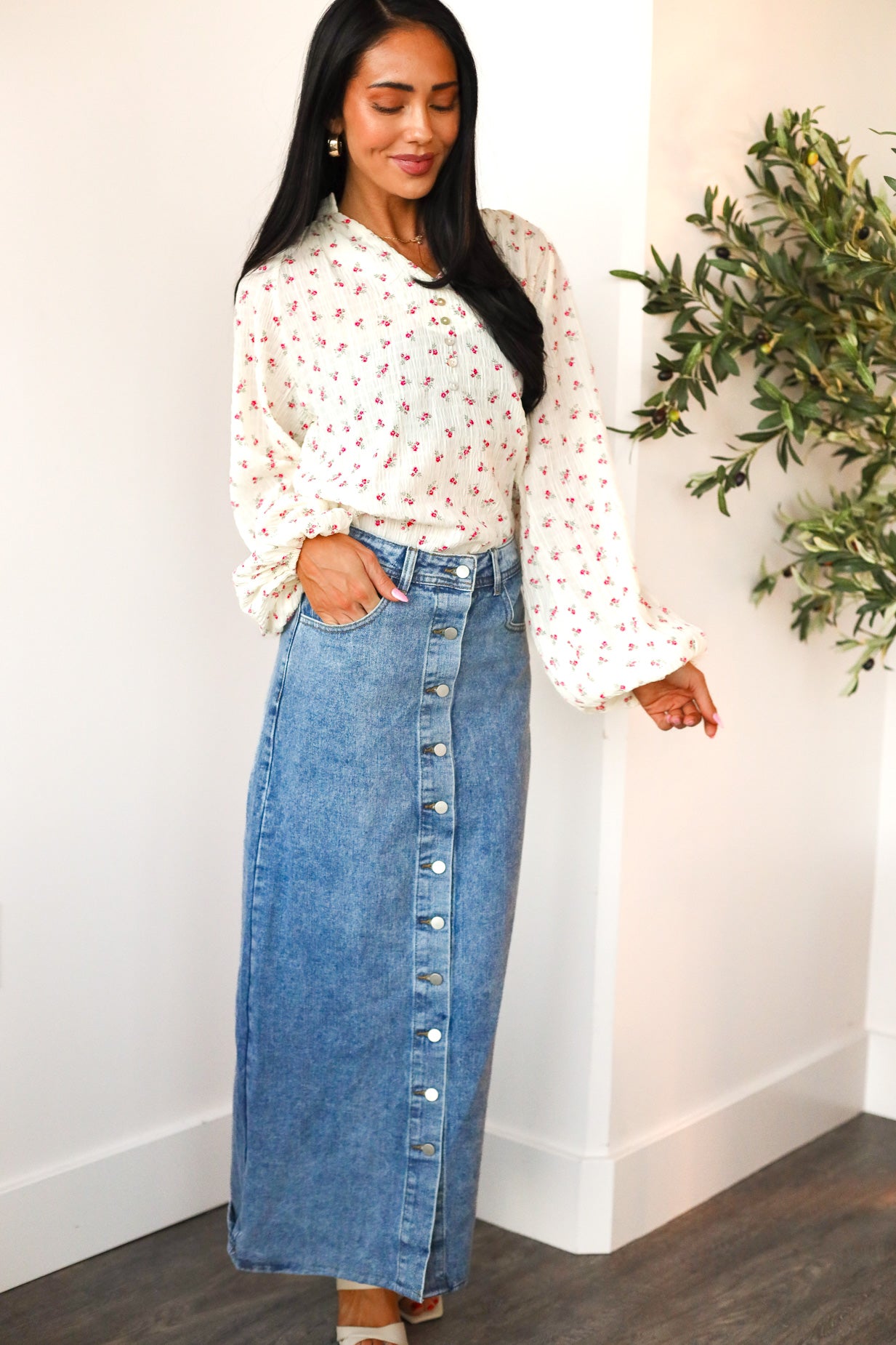 Denim Button Maxi Skirt