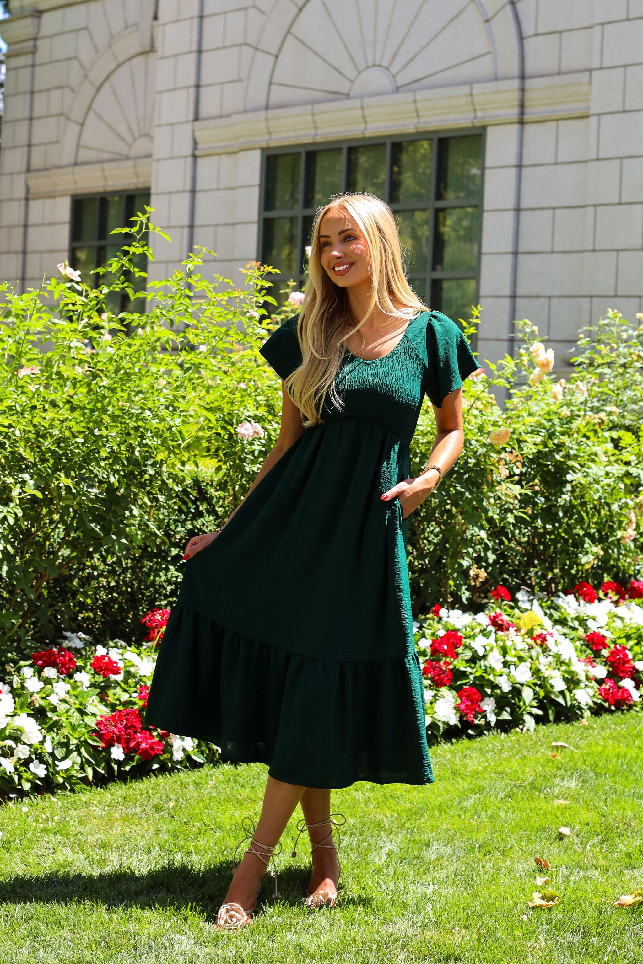 green emerald velvet dress The Kendall Modest Flutter Dress Alpine Green / 2XL