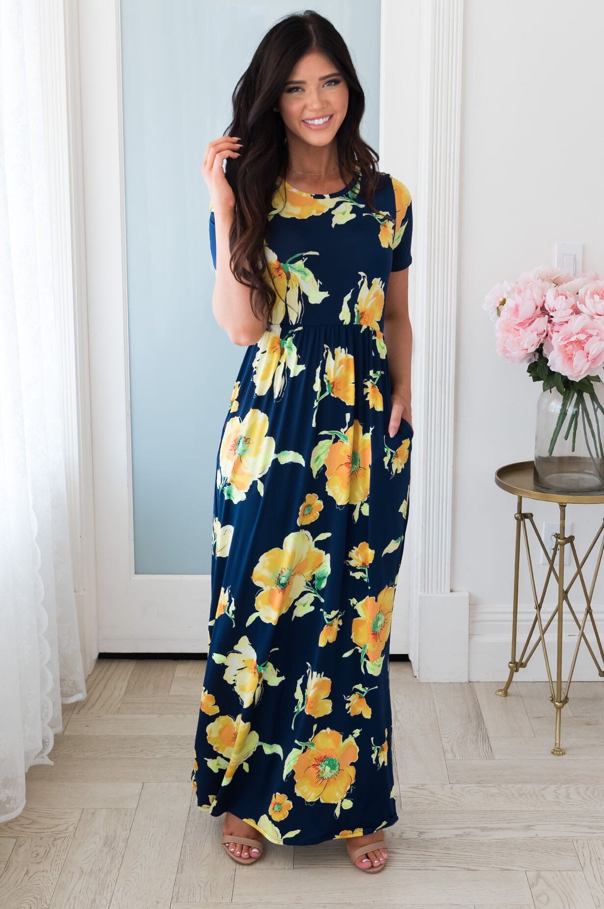 Navy Floral Modest Church Dress