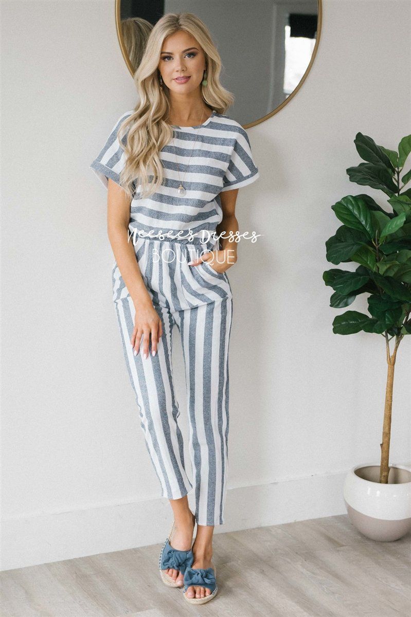 Dusty Navy Striped Jumpsuit Modest Dresses vendor-unknown