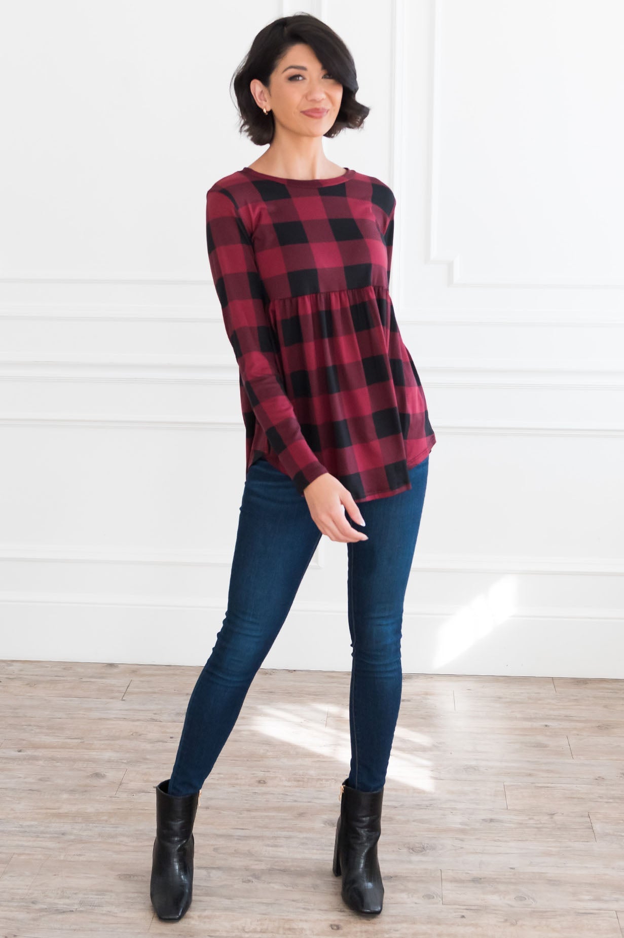 Breezy Plaid Modest Babydoll Top Tops vendor-unknown