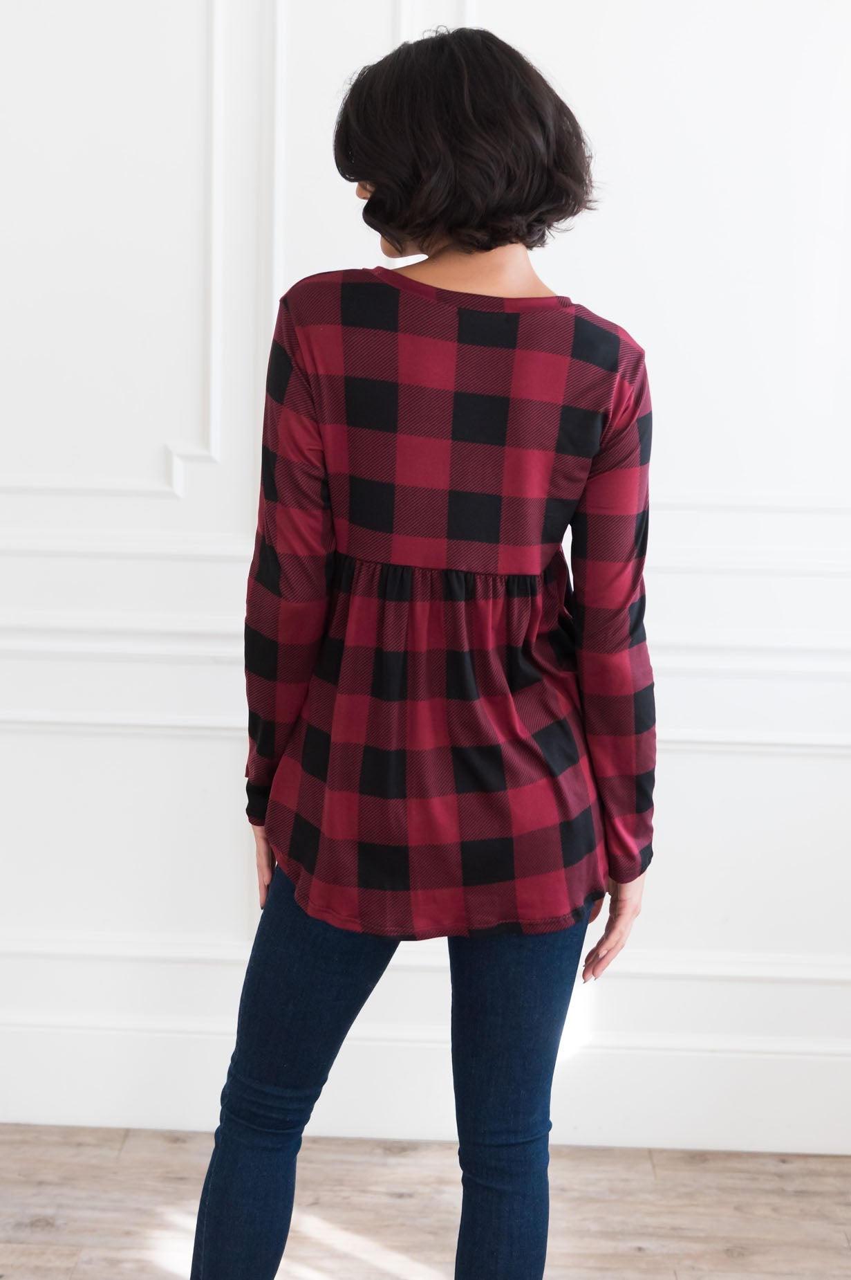Breezy Plaid Modest Babydoll Top Tops vendor-unknown