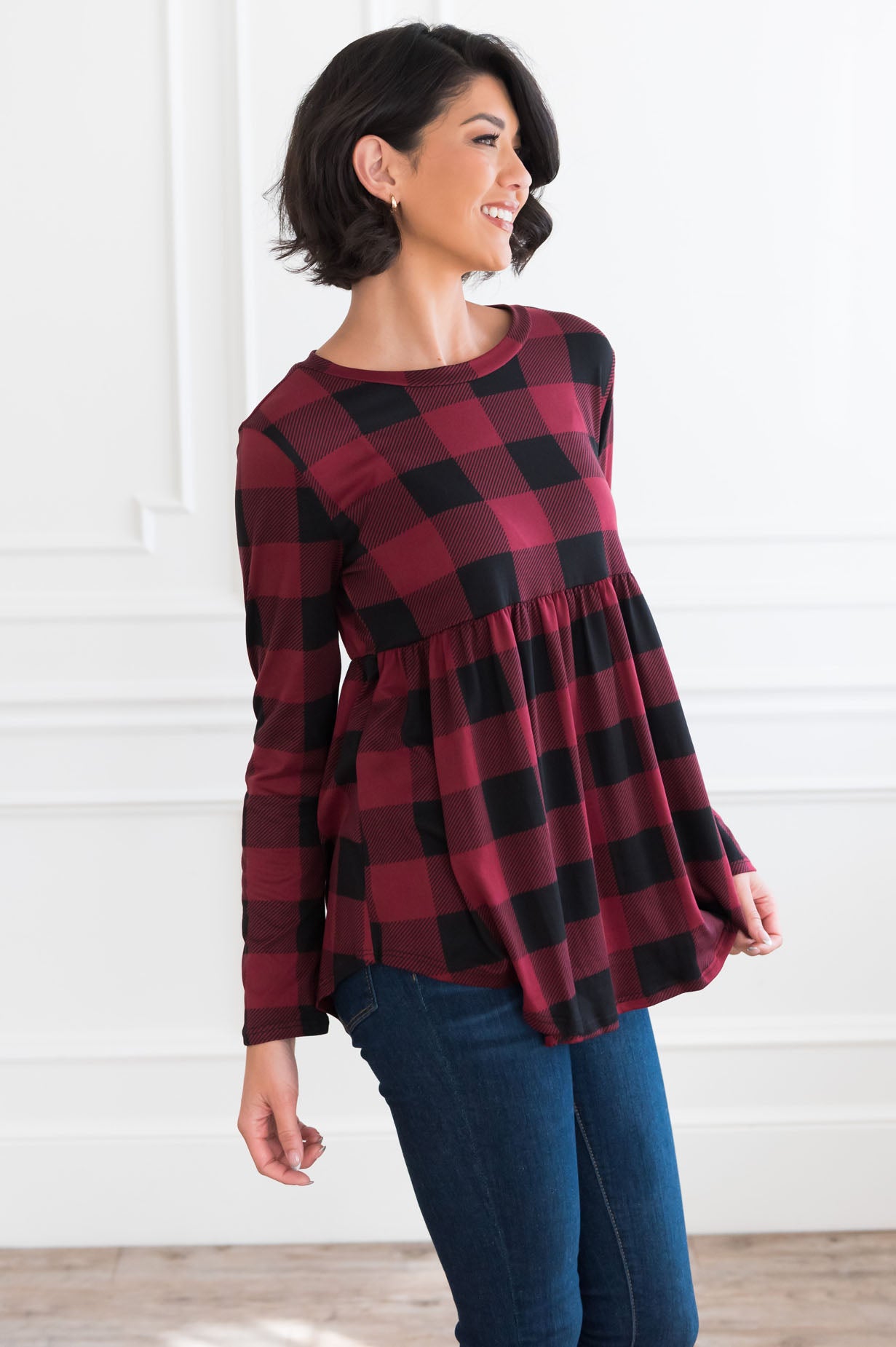 Breezy Plaid Modest Babydoll Top Tops vendor-unknown