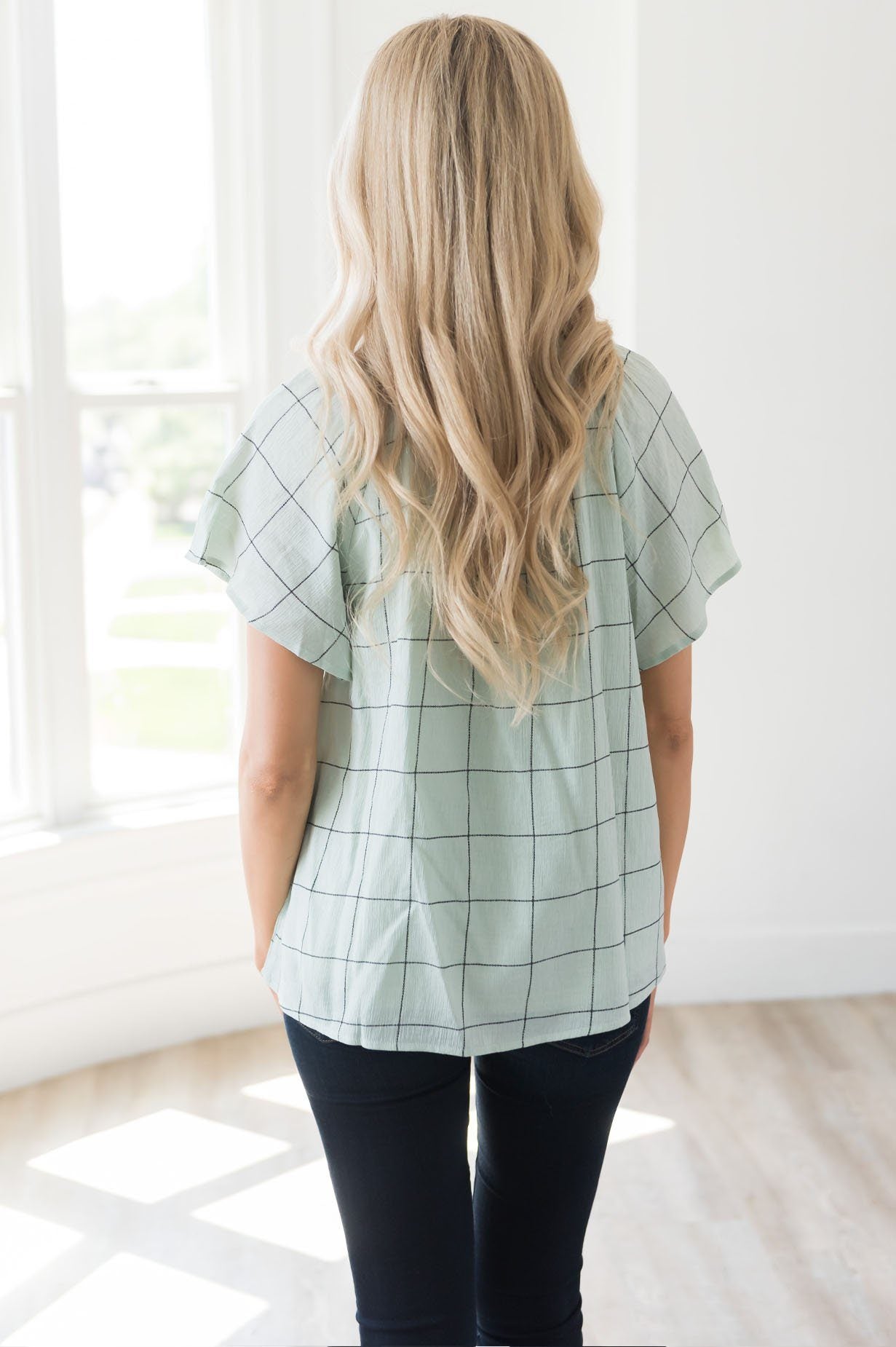 Nine to Five Modest Windowpane Blouse Tops vendor-unknown