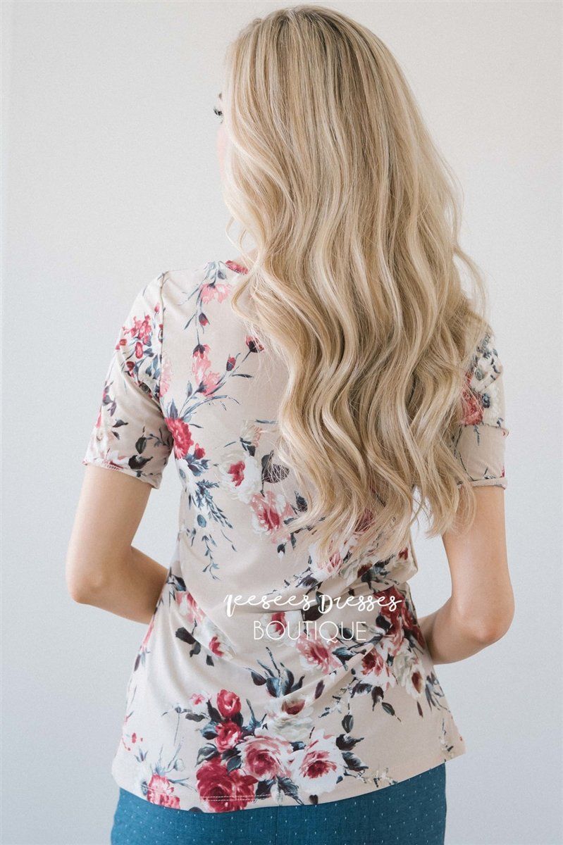 Beige & Maroon Floral Scoop Neck Top Tops vendor-unknown