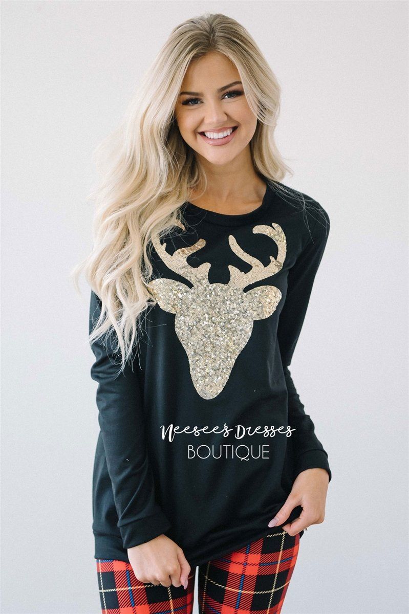 Gold Sequin Sparkly Reindeer Sweater Tops vendor-unknown Black S