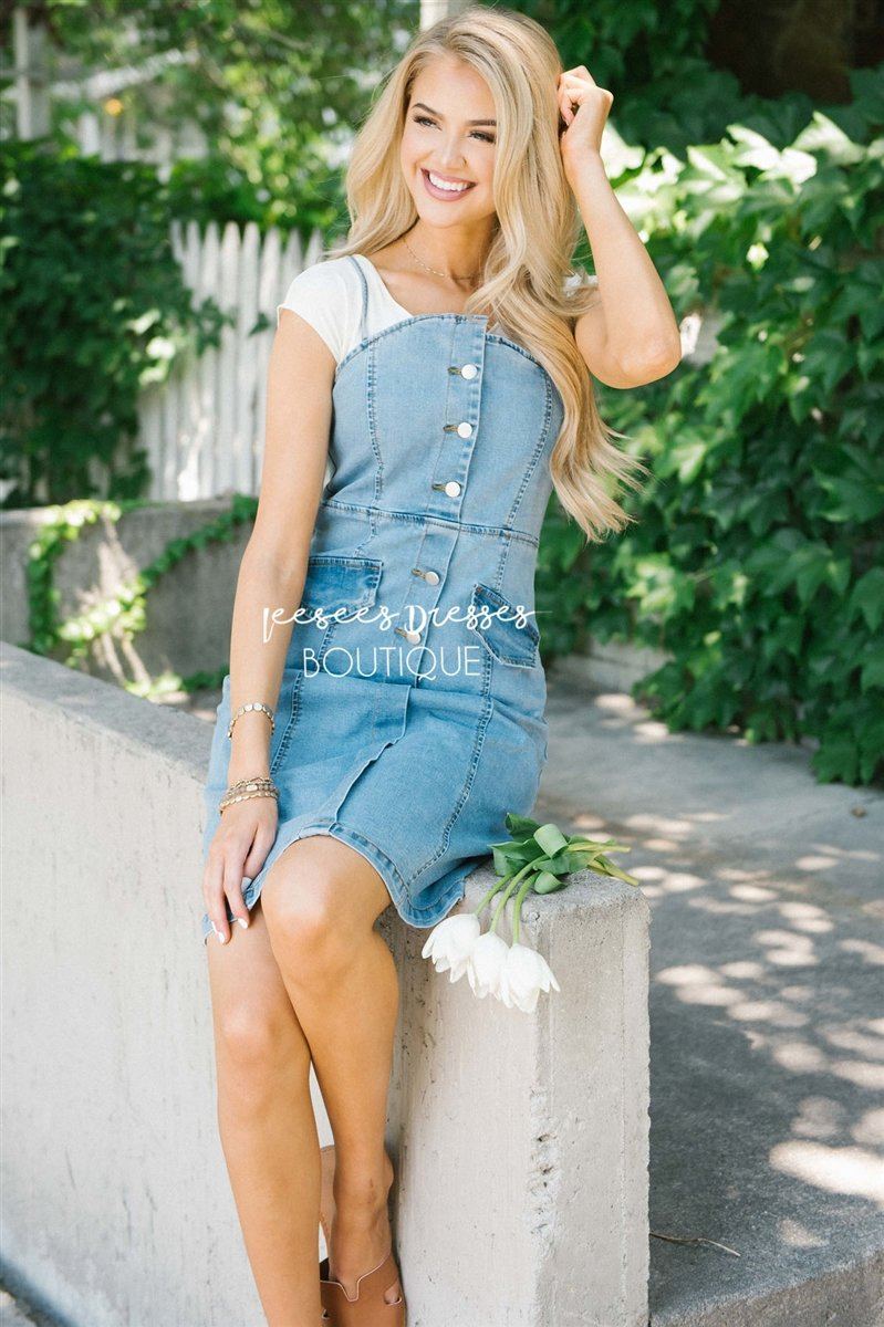 The Sally Denim Overall Dress Modest Dresses vendor-unknown Denim S