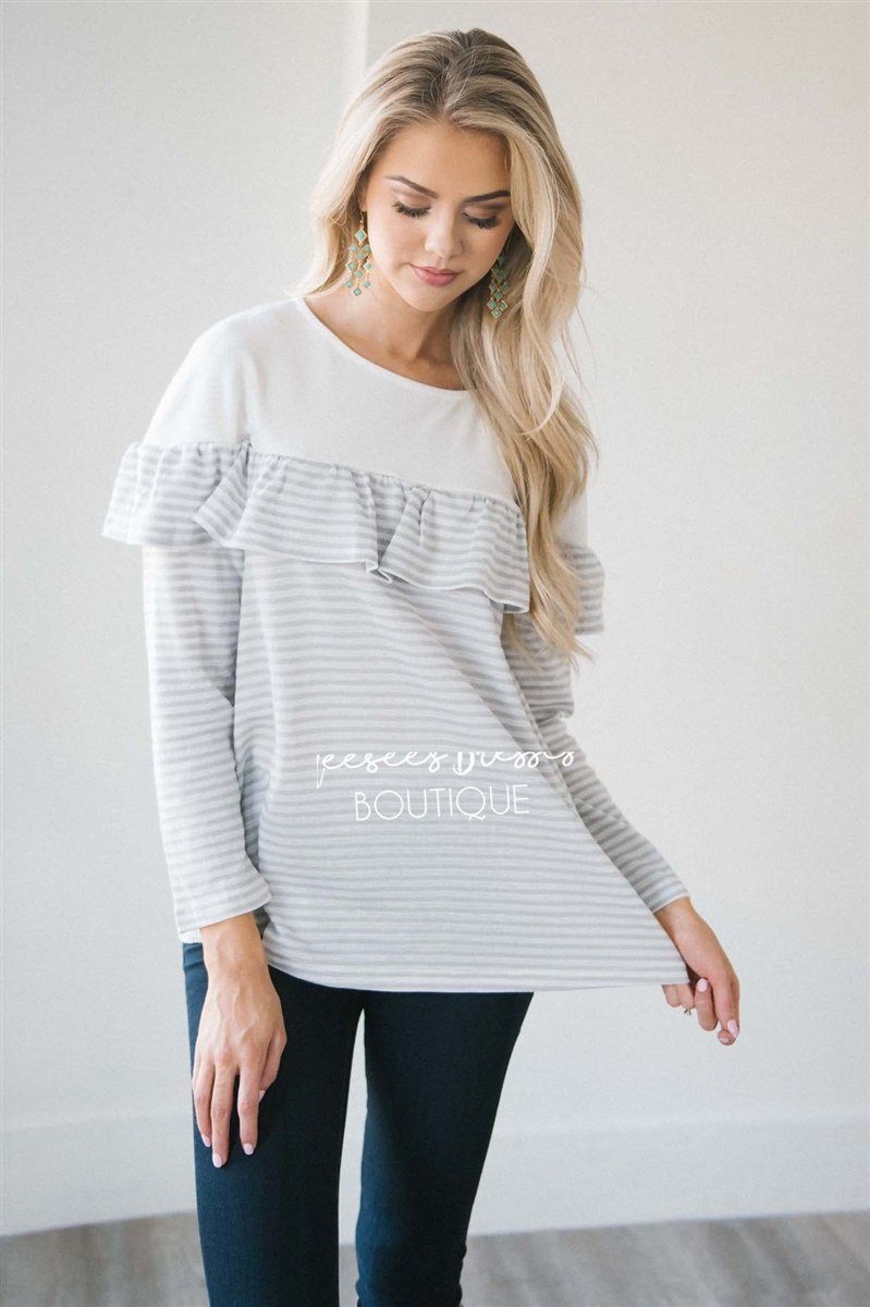 Striped Ruffle Button Back Top NEW vendor-unknown Light Gray & Ivory Stripes S