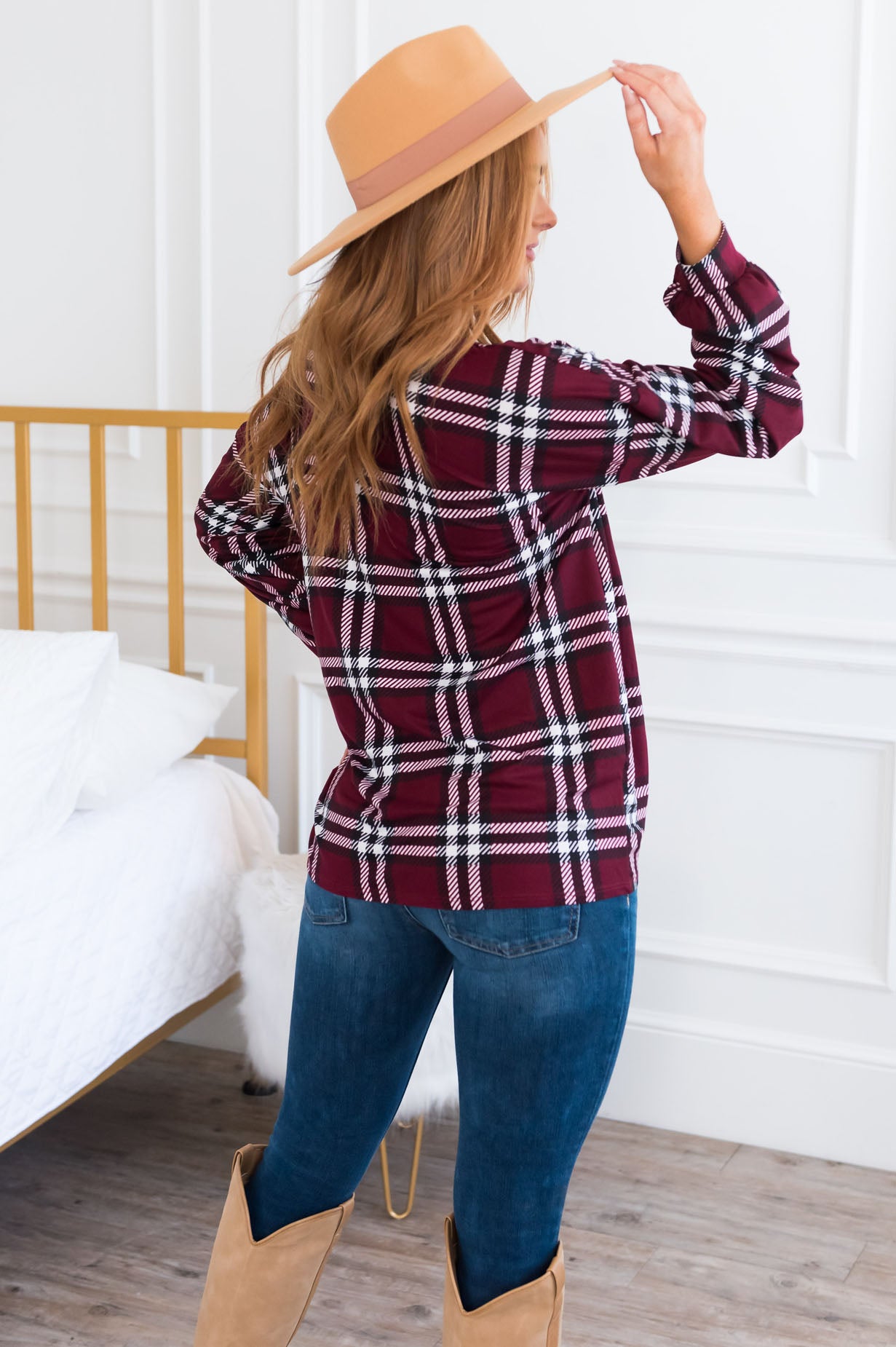 Simple & Sweet Modest Plaid Top Tops vendor-unknown