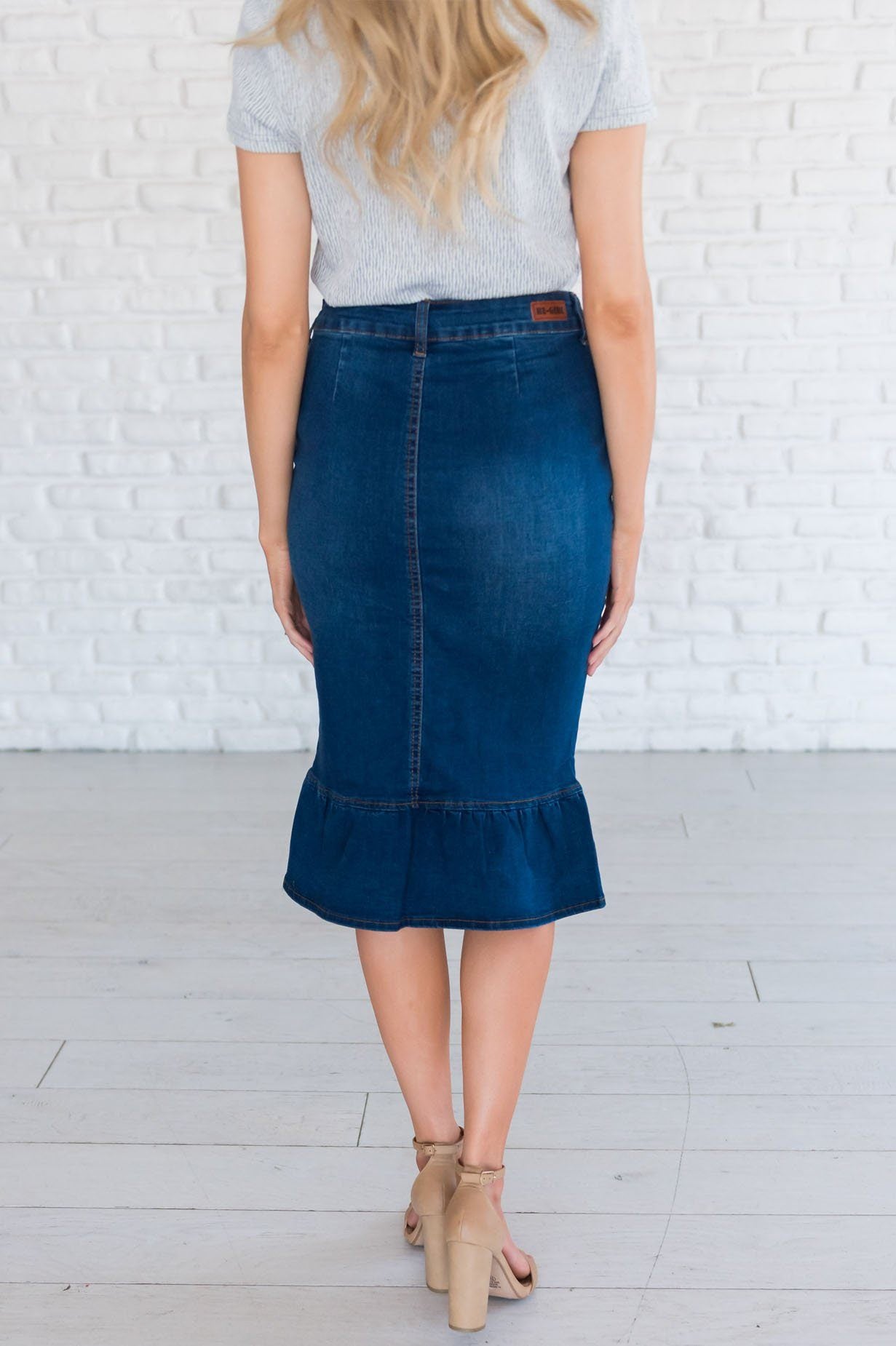 Dark Wash Denim Ruffle Hem Pencil Skirt Skirts vendor-unknown