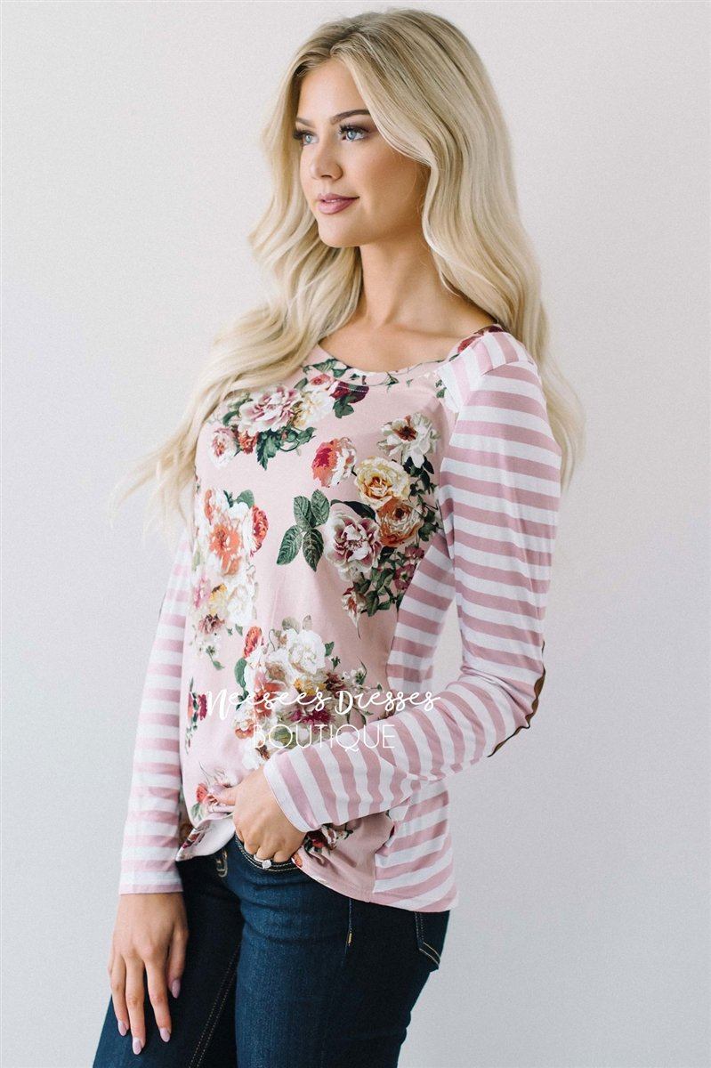 Pink Stripes & Floral Elbow Patch Top Tops vendor-unknown
