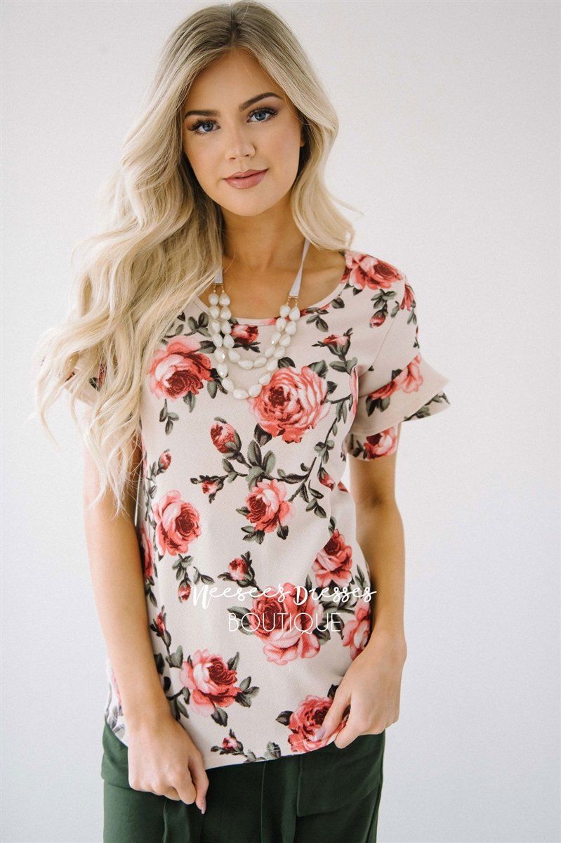 Floral Double Ruffle Sleeve Top Tops vendor-unknown