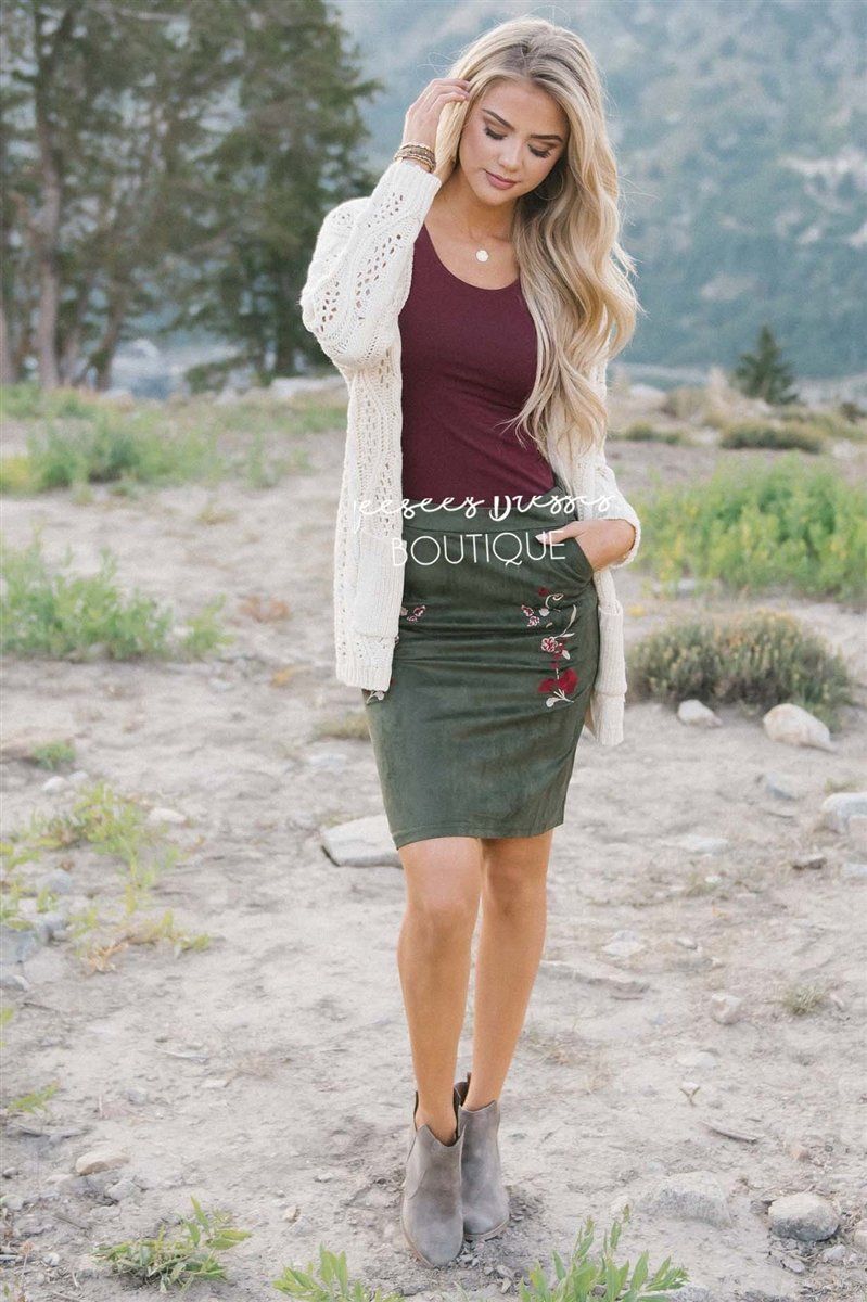 Suede Embroidered Pencil Skirt Skirts vendor-unknown Olive S