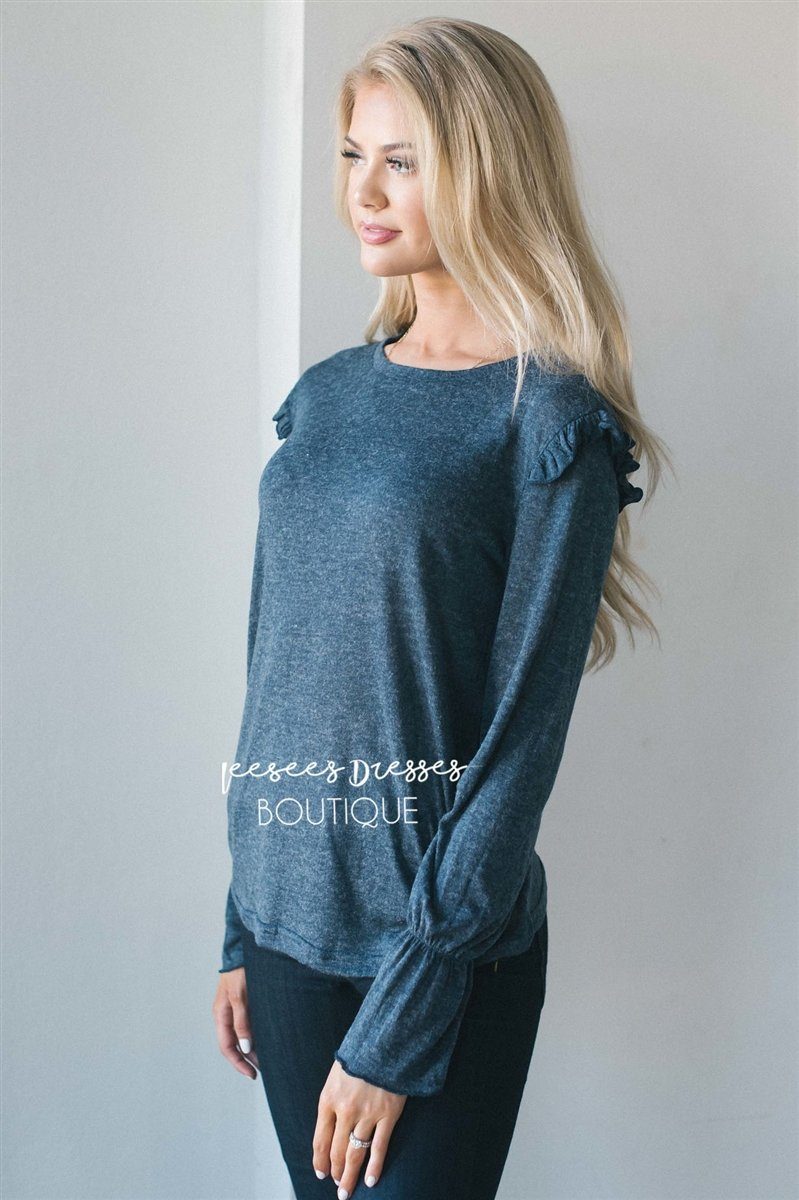 Ruffle Shoulder Peplum Sleeve Top Tops vendor-unknown S Heather Navy
