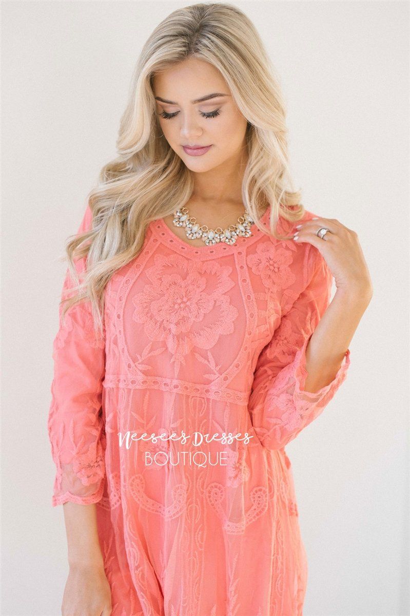 Day Dreamer Lace Dress in Coral Modest Dresses vendor-unknown