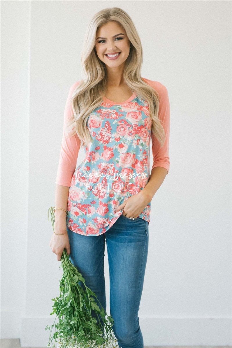 Rose Blossom Baseball Sleeve Top Tops vendor-unknown Rose Blossom Floral XS