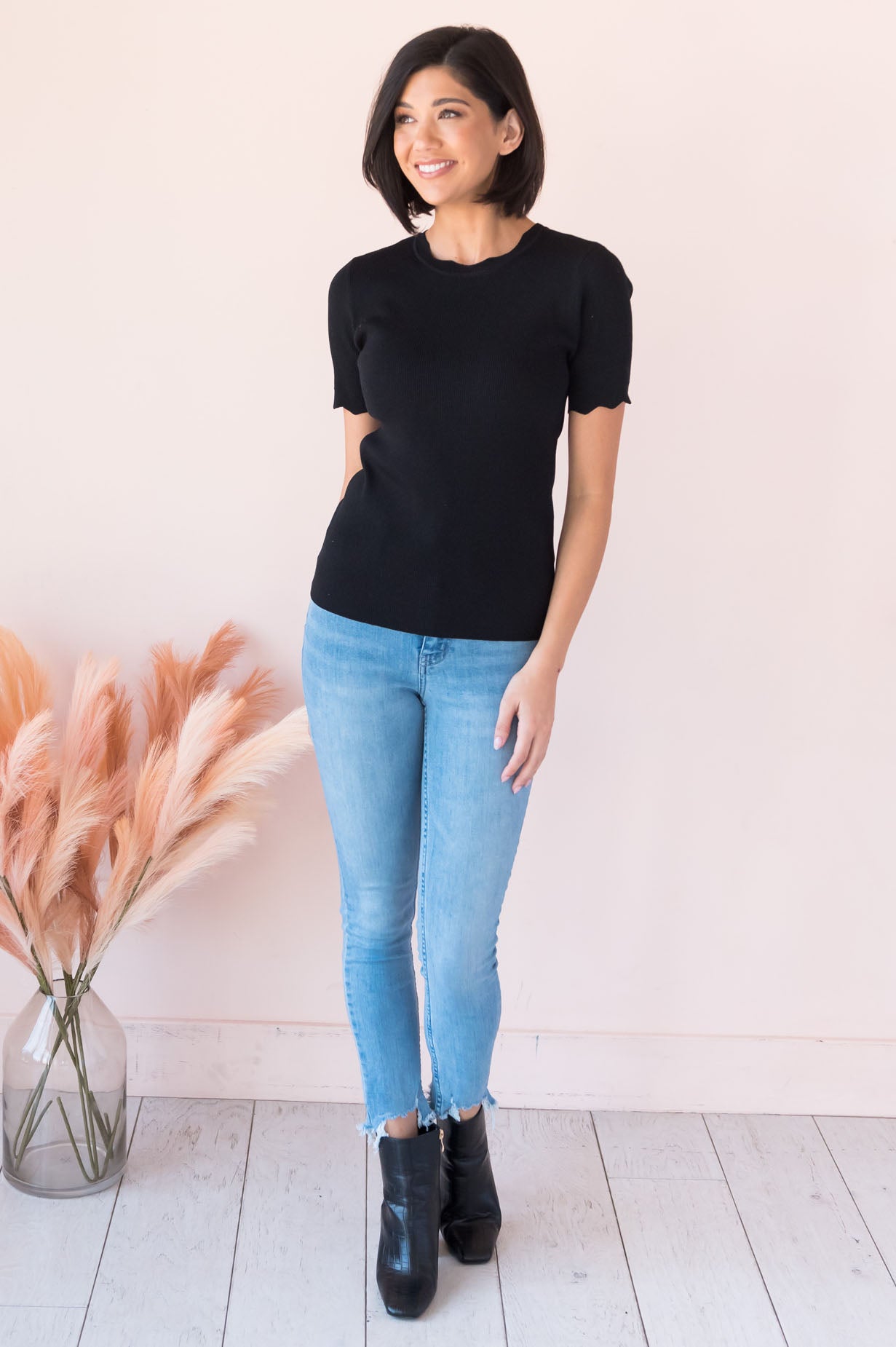 Going Strong Modest Scallop Edge Sweater Tops vendor-unknown