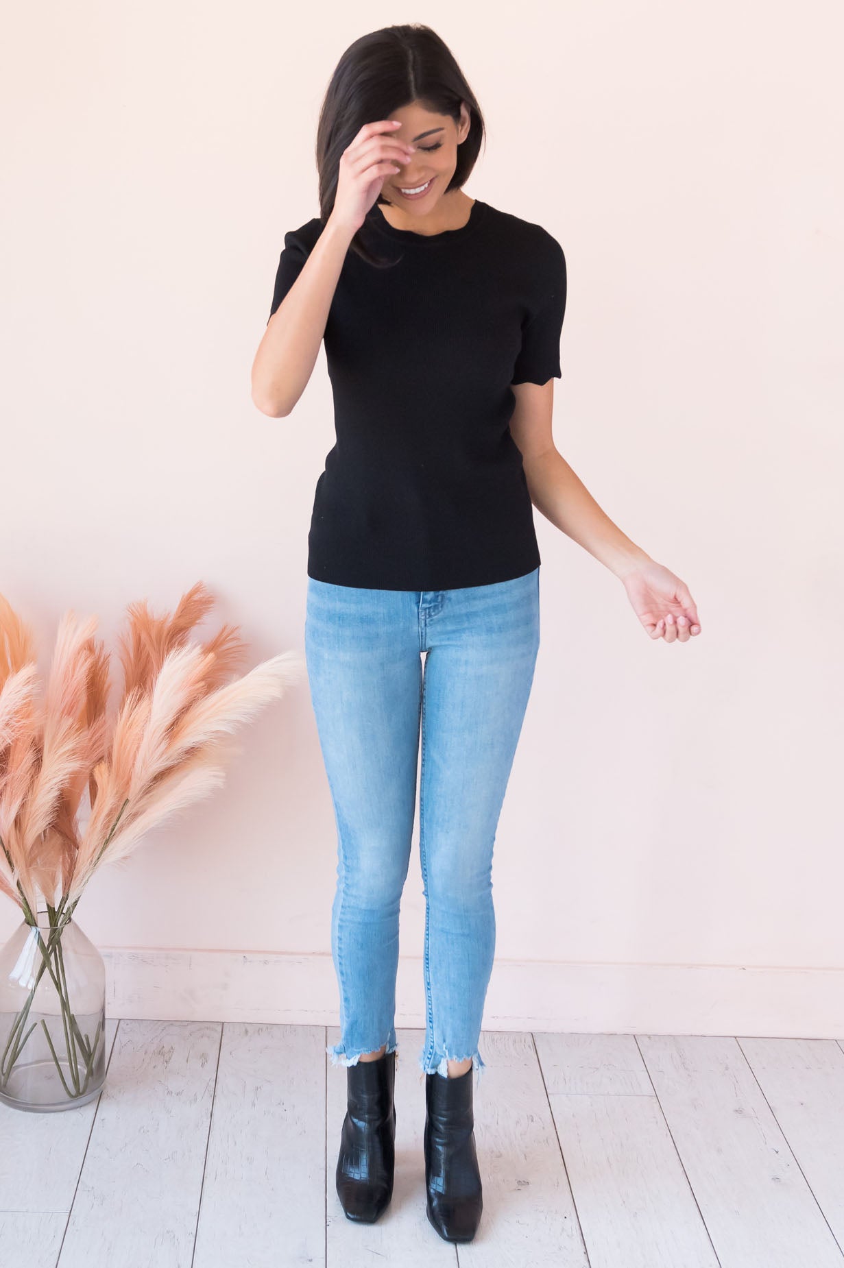 Going Strong Modest Scallop Edge Sweater Tops vendor-unknown