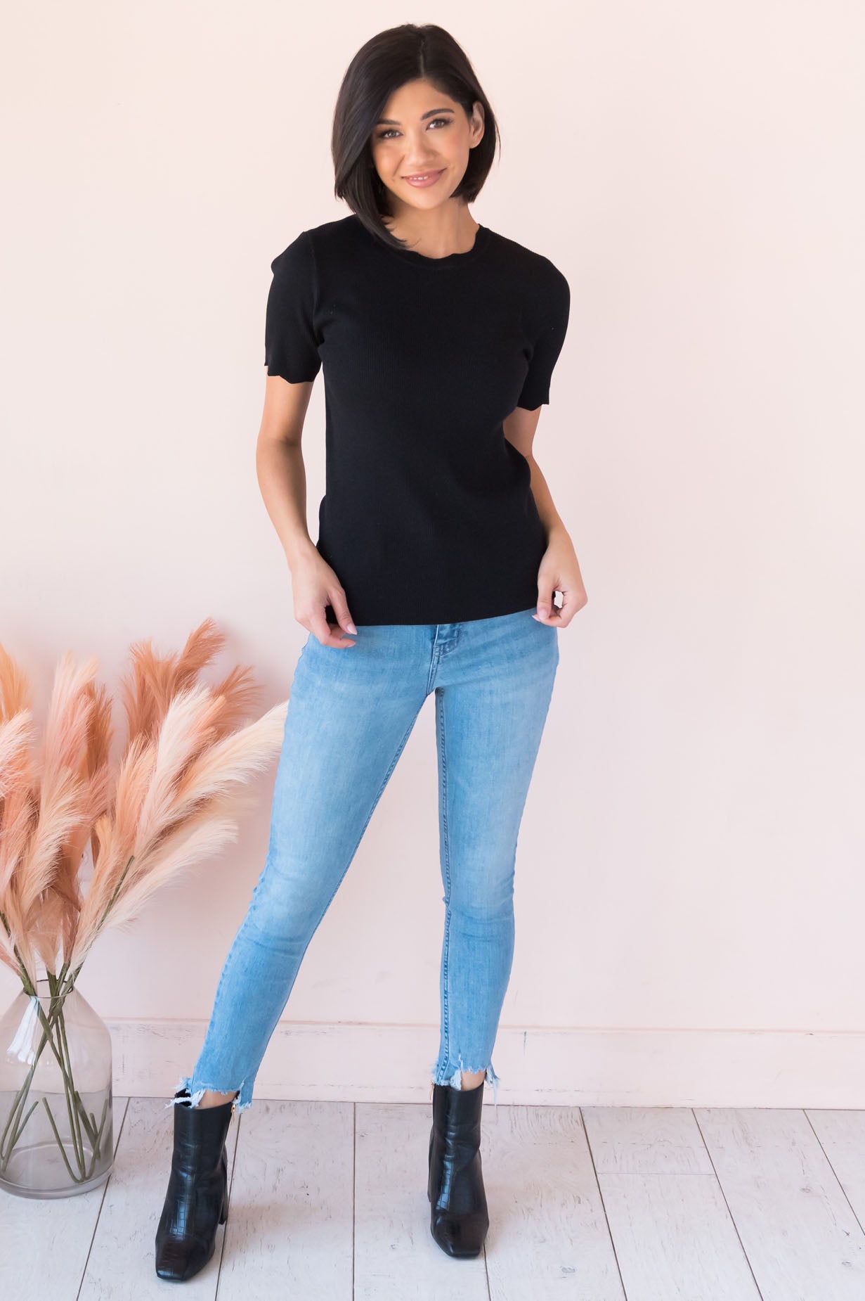 Going Strong Modest Scallop Edge Sweater Tops vendor-unknown