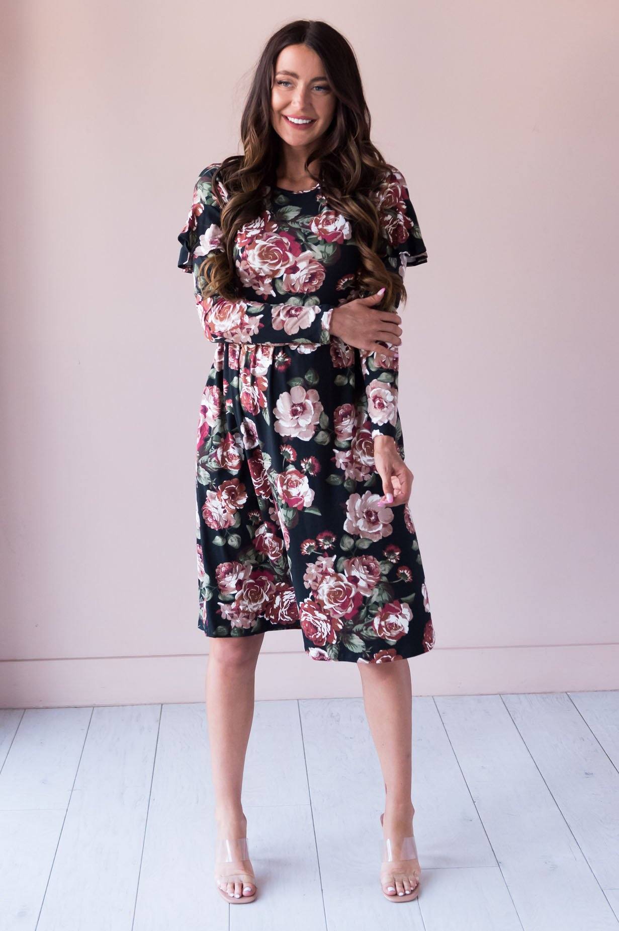 The Karina Ruffle Shoulder Dress Modest Dresses vendor-unknown