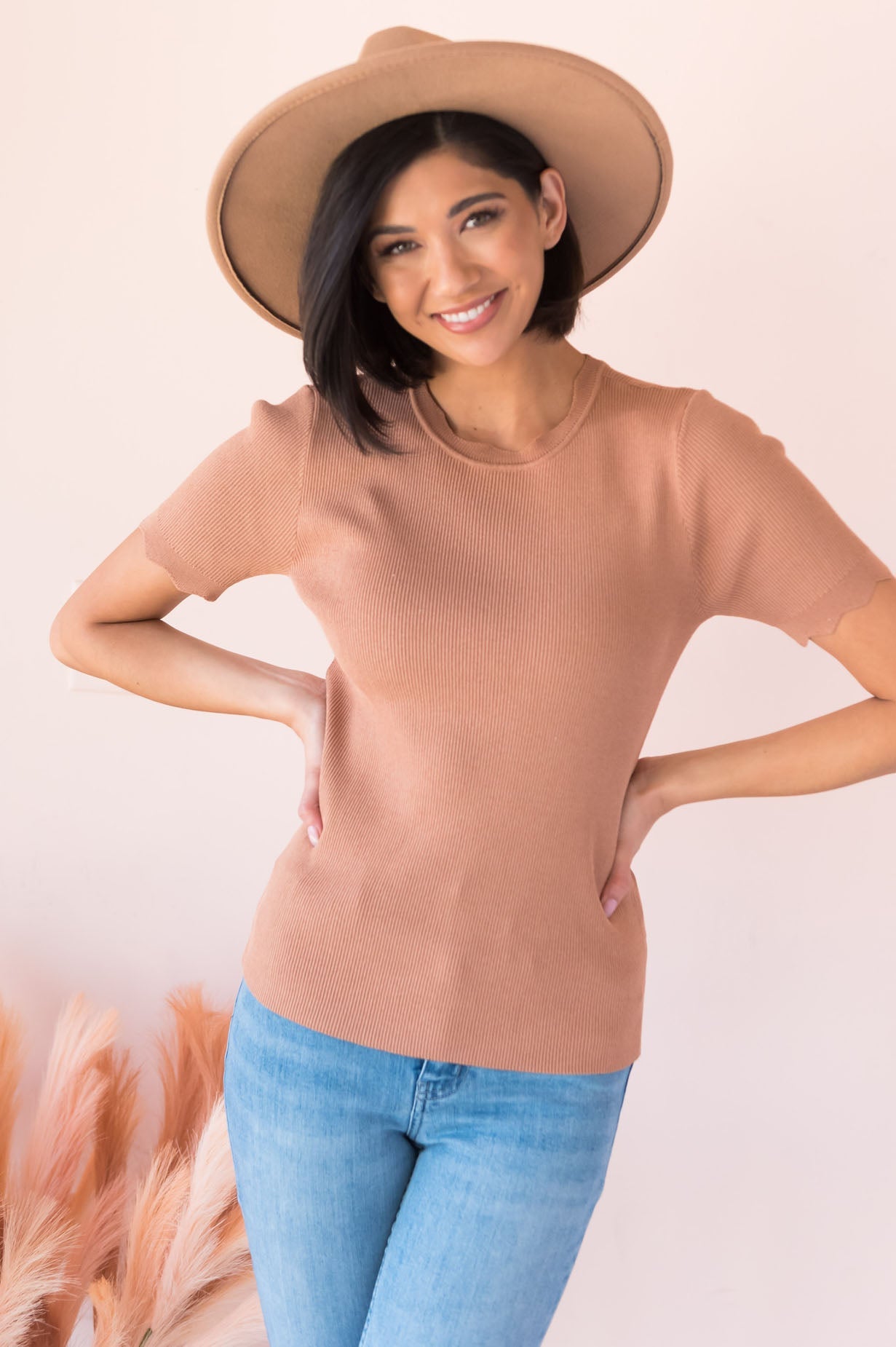 Going Strong Modest Scallop Edge Sweater Tops vendor-unknown