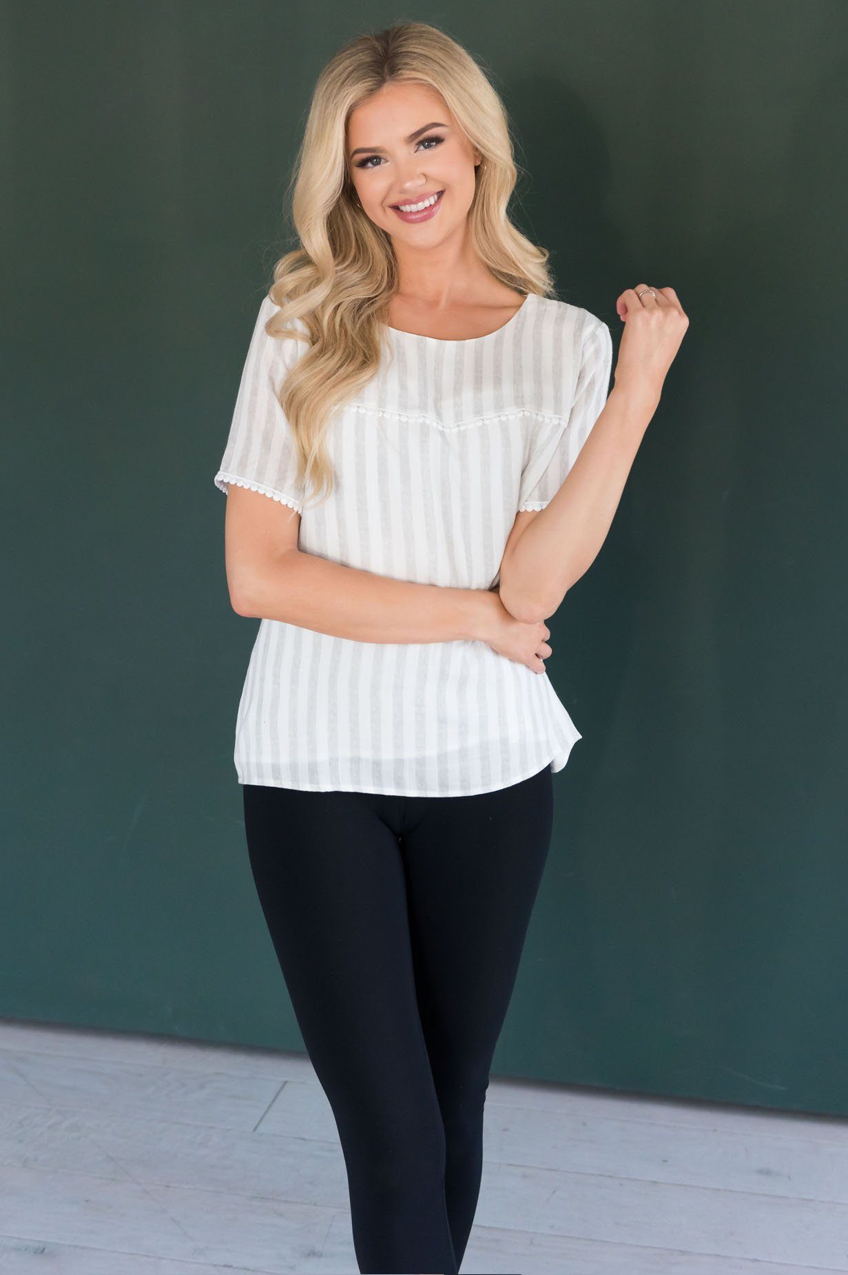 The Almighty Pom Detail Striped Modest Blouse Tops vendor-unknown