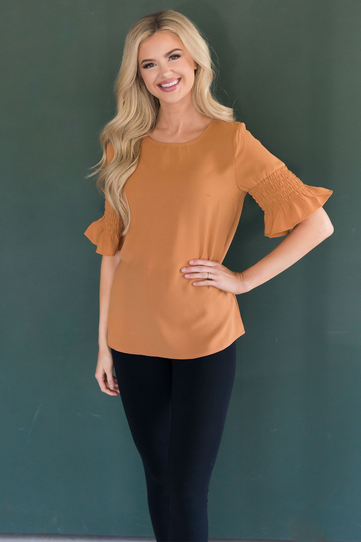 Something New Gathered Sleeve Top Modest Dresses vendor-unknown