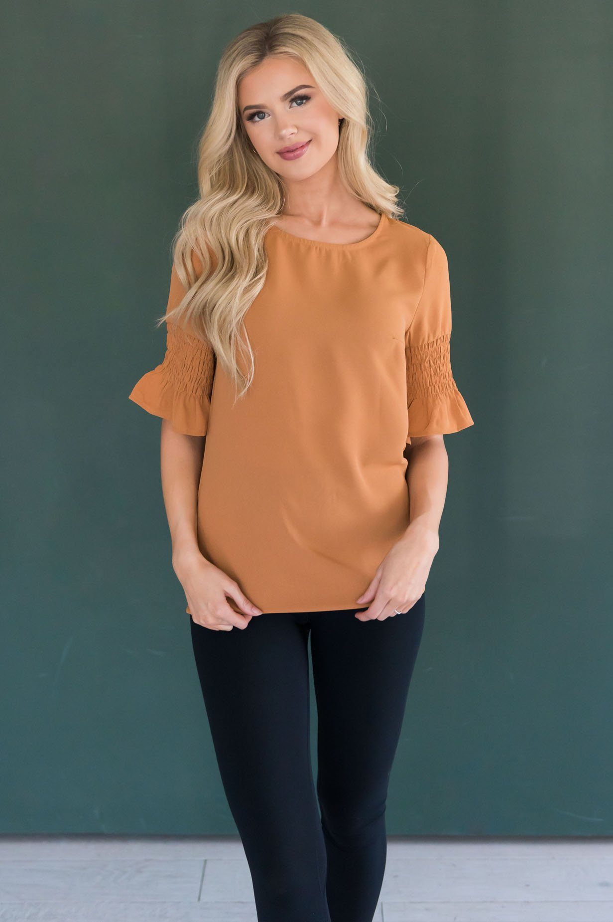 Something New Gathered Sleeve Top Modest Dresses vendor-unknown