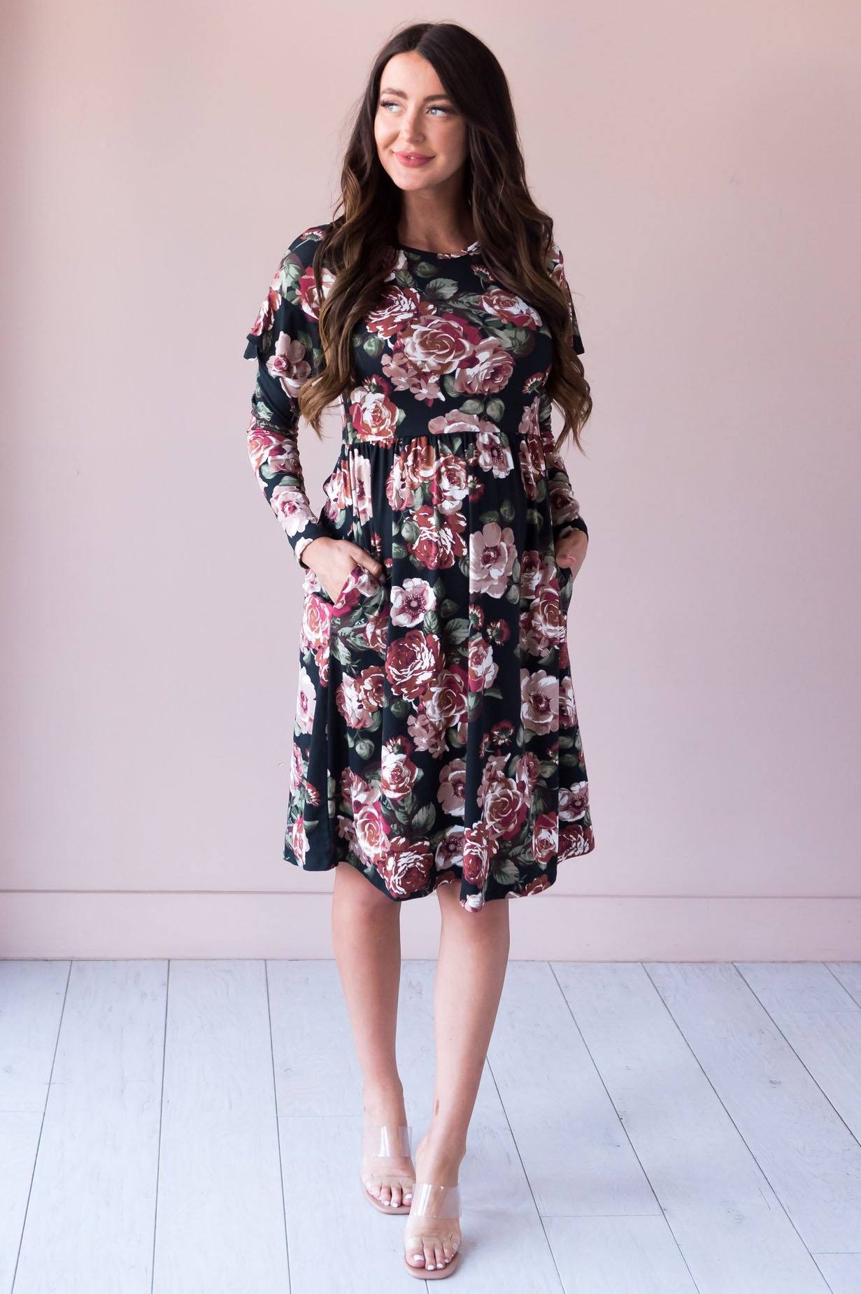 The Karina Ruffle Shoulder Dress Modest Dresses vendor-unknown