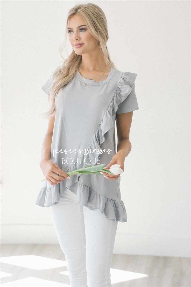 Asymmetric Ruffle Hem Tunic Tops vendor-unknown S Light Gray