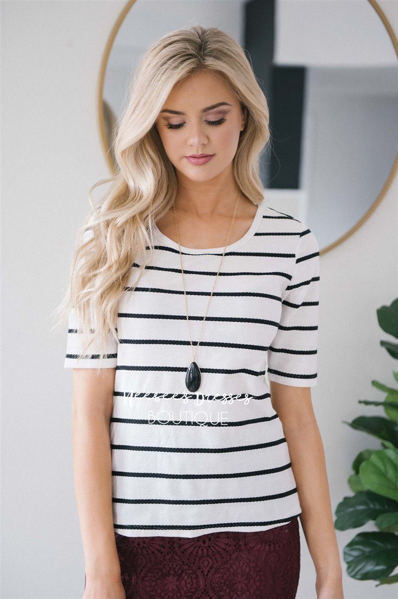 White Striped Scoop Neck Top Tops vendor-unknown