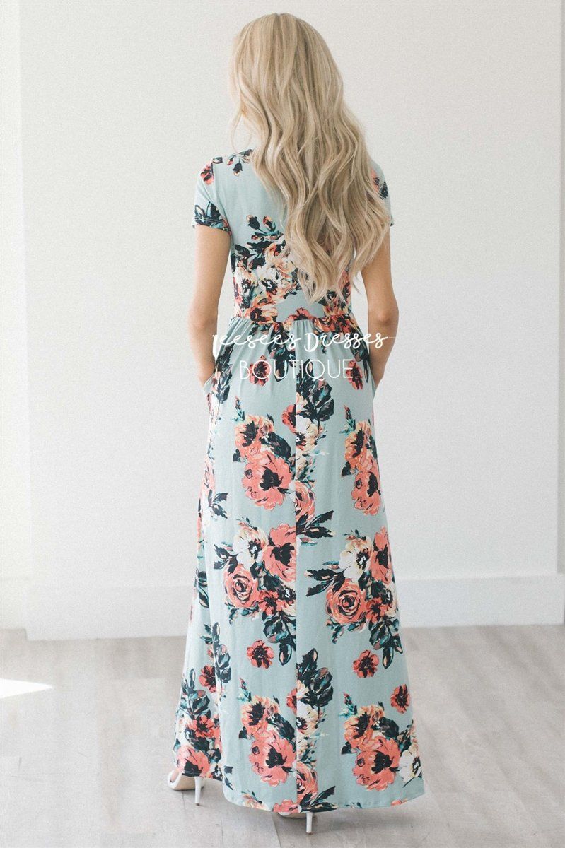 Mint Watercolor Short Sleeve Maxi Dress Modest Dresses vendor-unknown