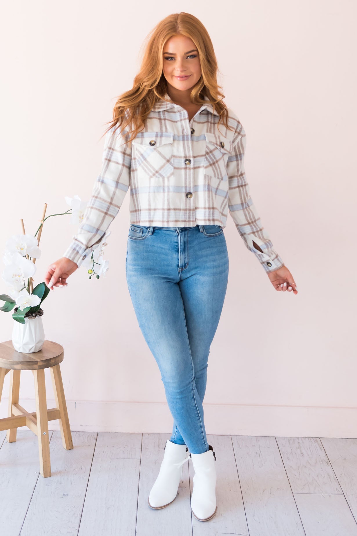 Trendy In Plaid Modest Cropped Jacket Modest Dresses vendor-unknown