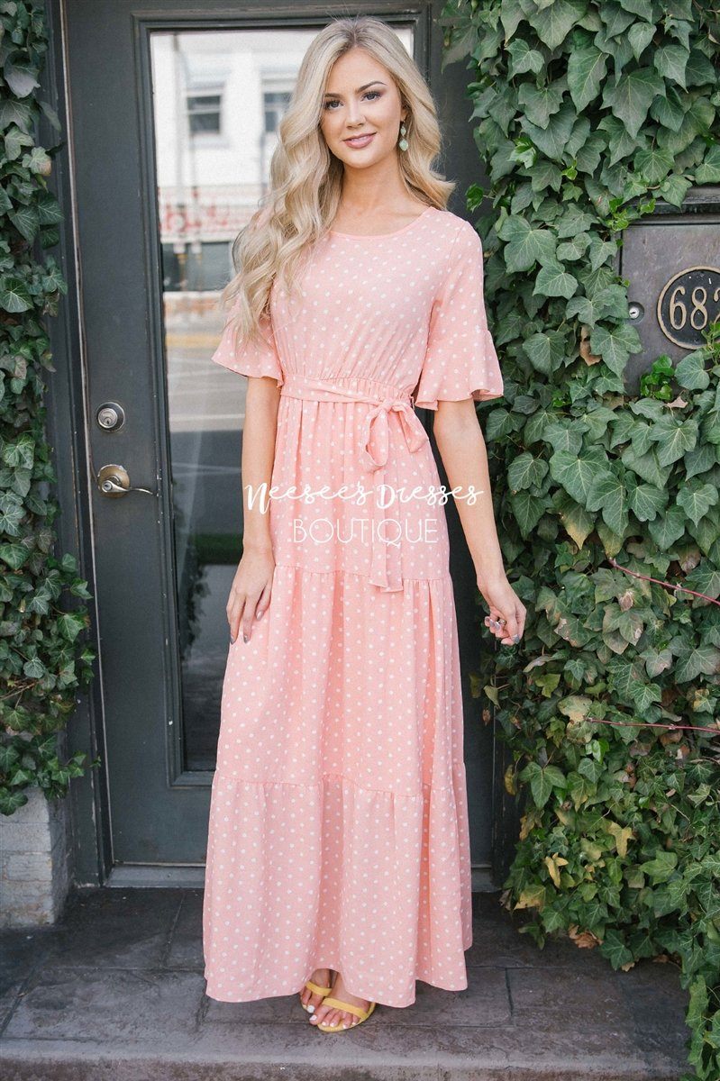 Polka Dot Flutter Sleeve Tiered Maxi Dress Modest Dresses vendor-unknown