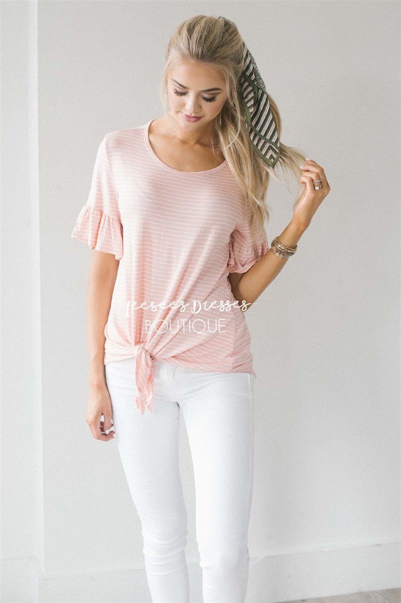 Striped Ruffle Sleeve & Tie Front Top Tops vendor-unknown S Light Coral Stripes