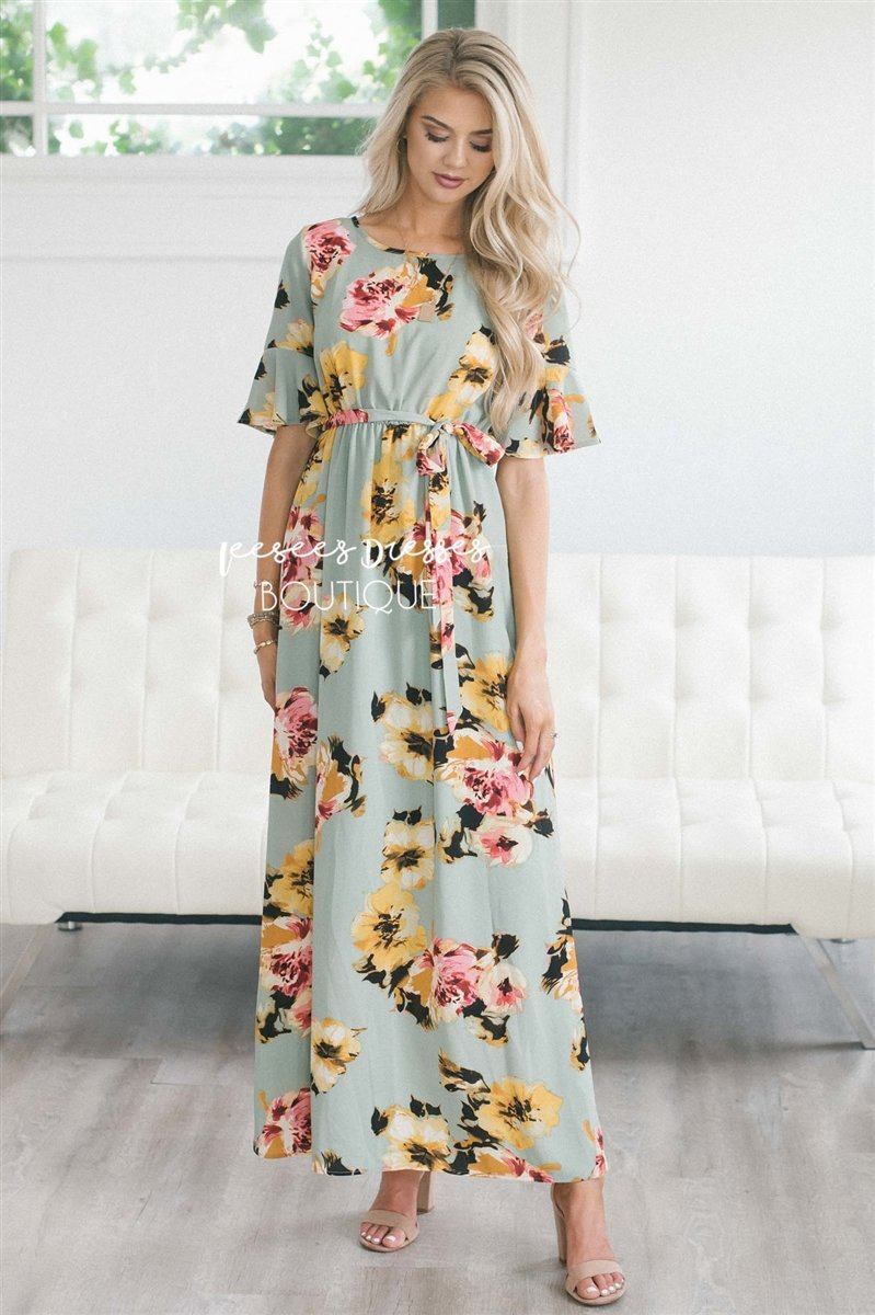 The Kara Modest Dresses vendor-unknown Sage with Pink & Yellow Floral S
