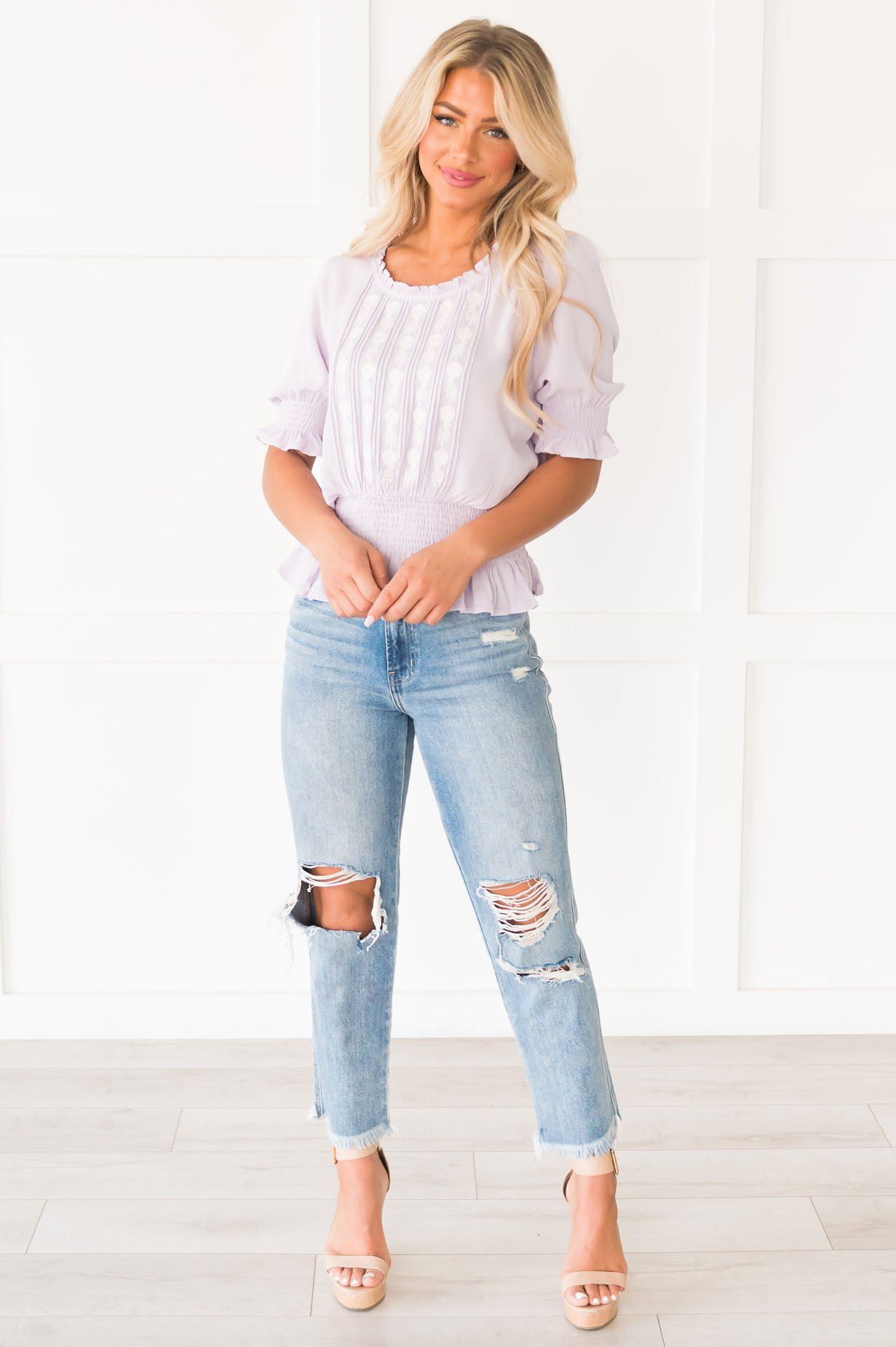 Shade of Happiness Smocked Modest Blouse Tops vendor-unknown