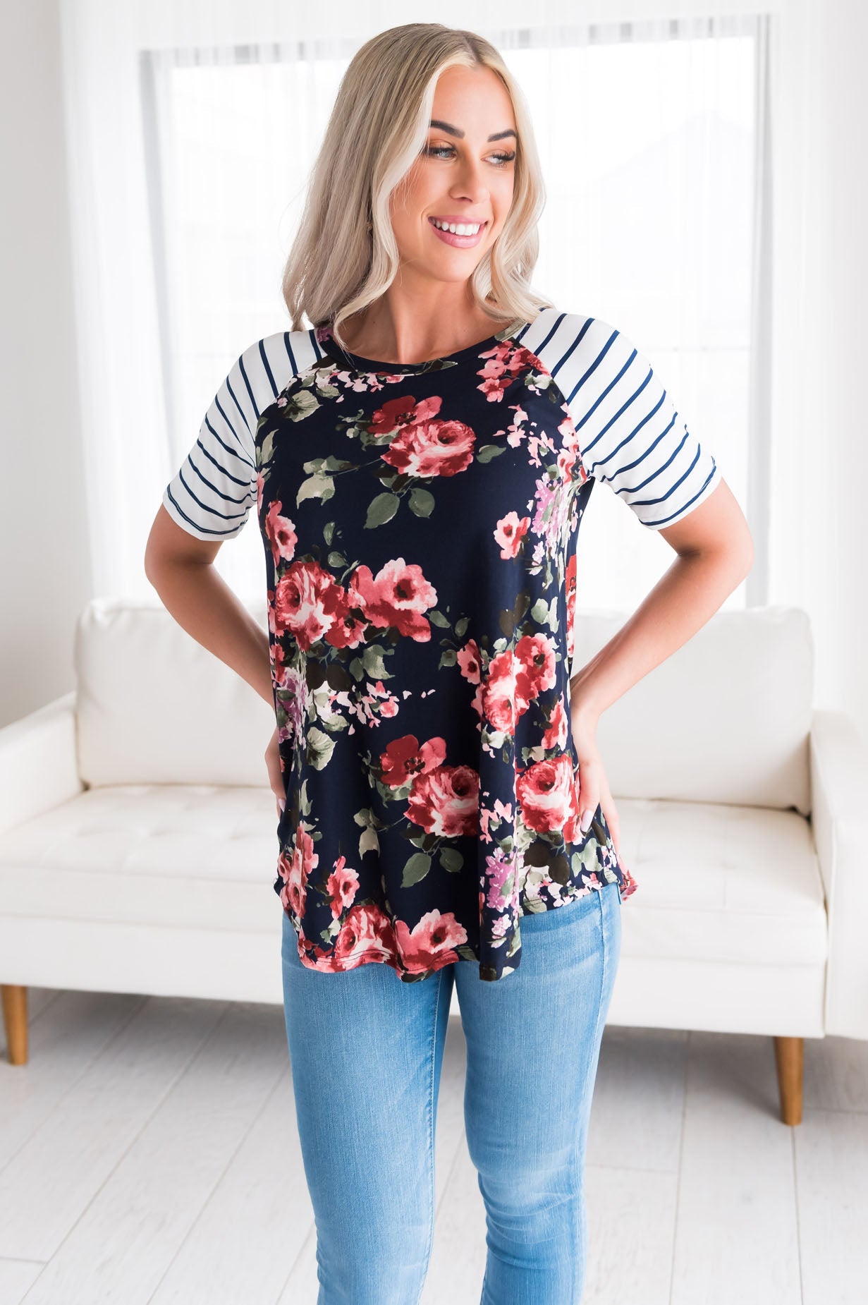 Floral & Stripes Baseball Sleeve Top Modest Dresses vendor-unknown