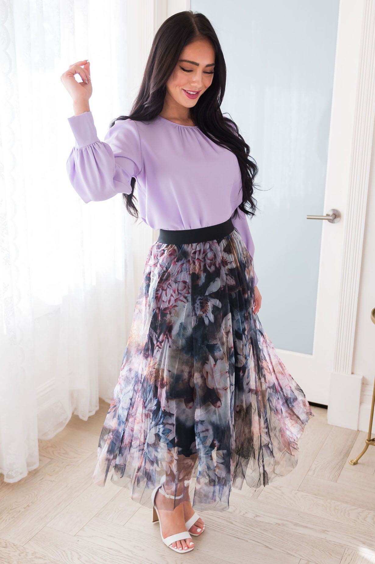 Graceful Floral Modest Tulle Skirt Skirts vendor-unknown