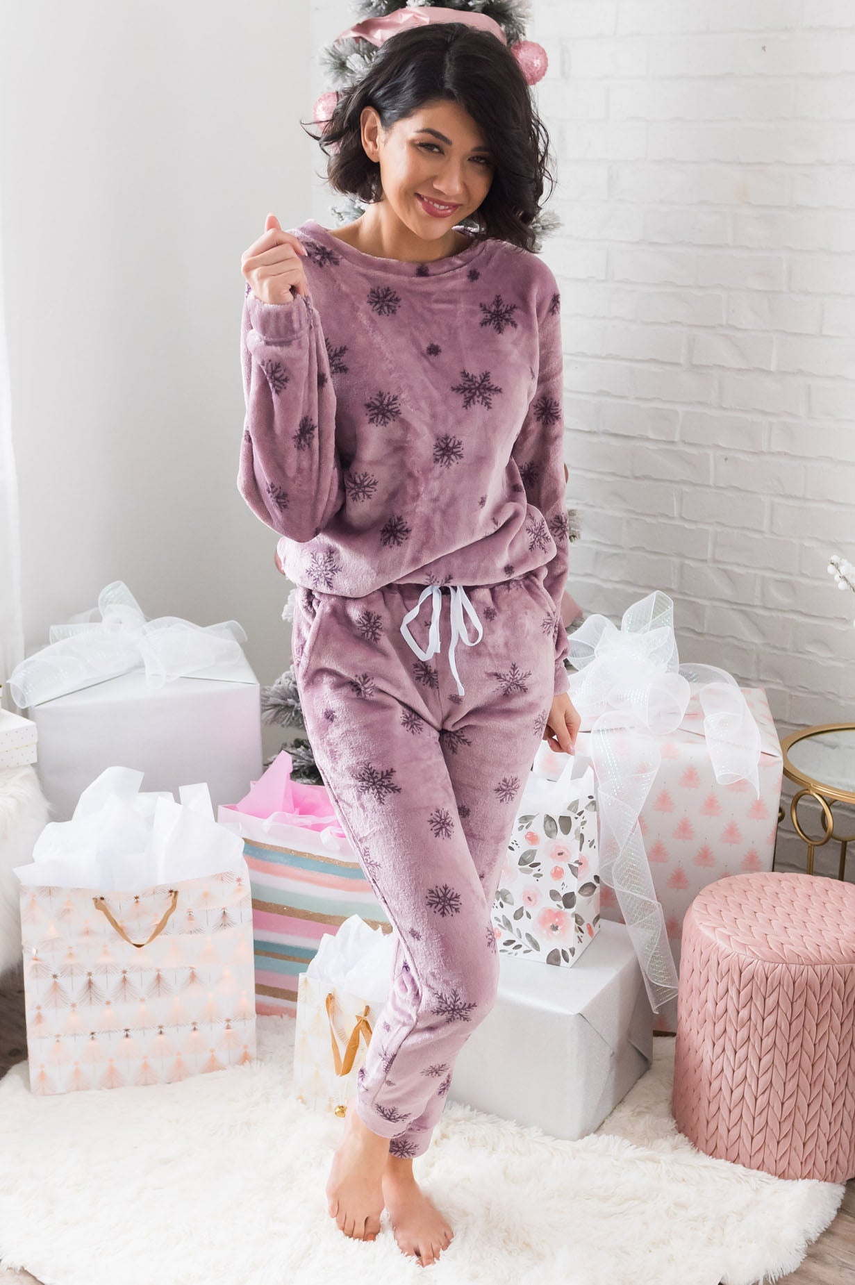 Sugarplum Snowflakes Modest Fuzzy Lounge Set Tops vendor-unknown