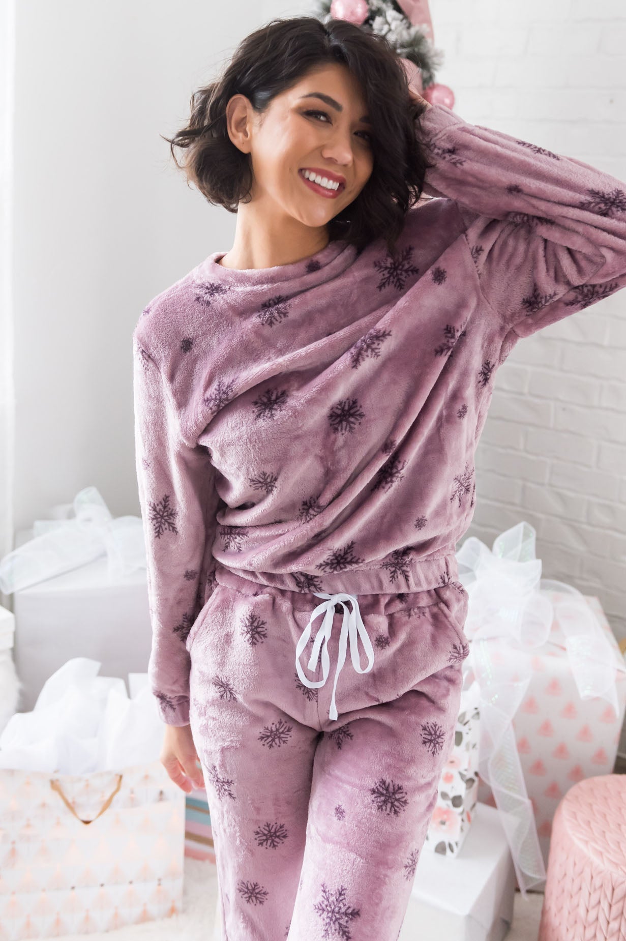 Sugarplum Snowflakes Modest Fuzzy Lounge Set Tops vendor-unknown
