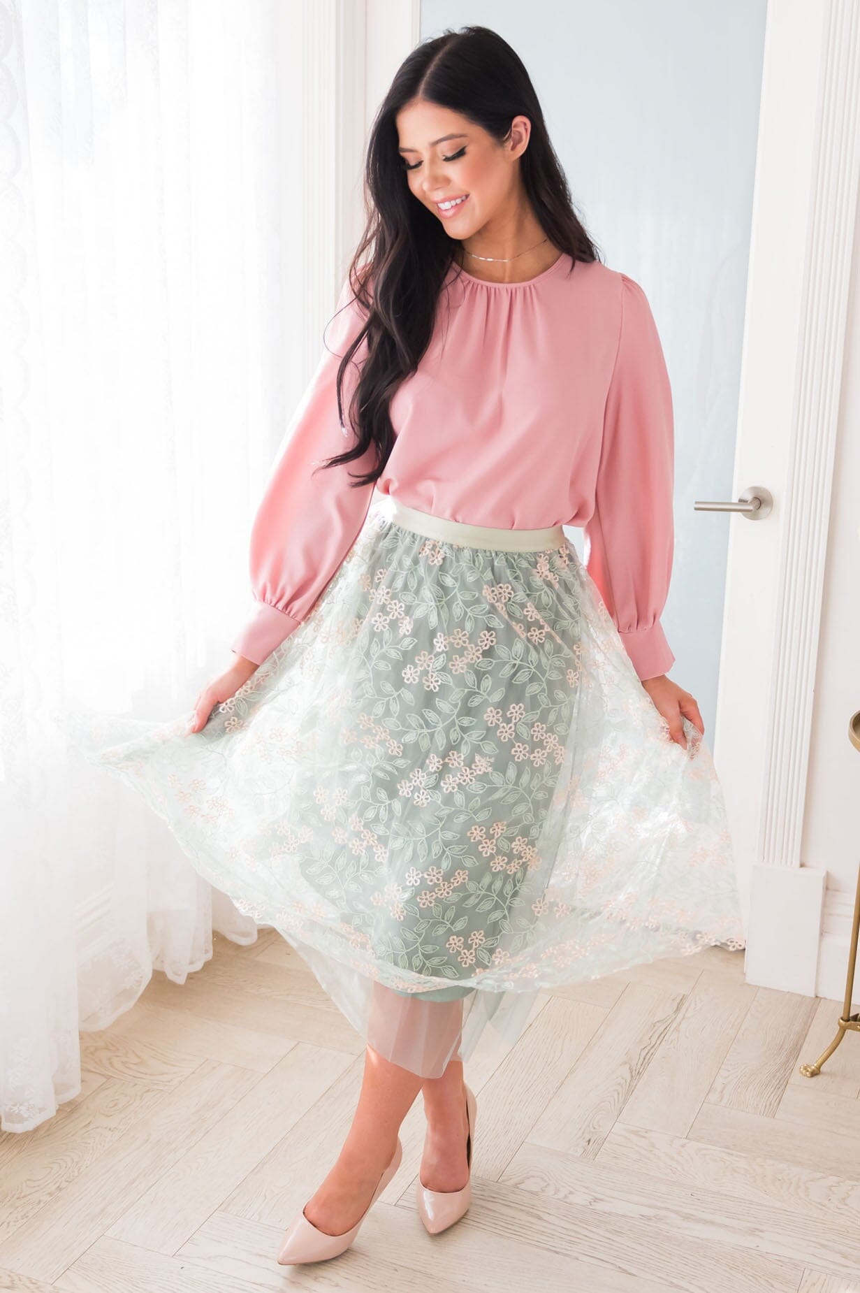 Classic Beauty Modest Embroidered Tulle Skirt Skirts vendor-unknown