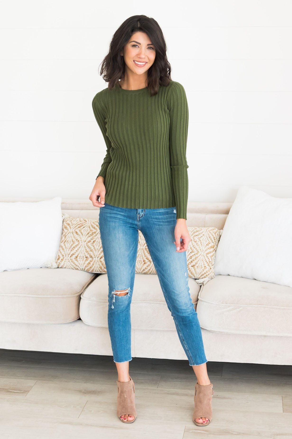 Falling Forward Modest Ribbed Sweater Tops vendor-unknown
